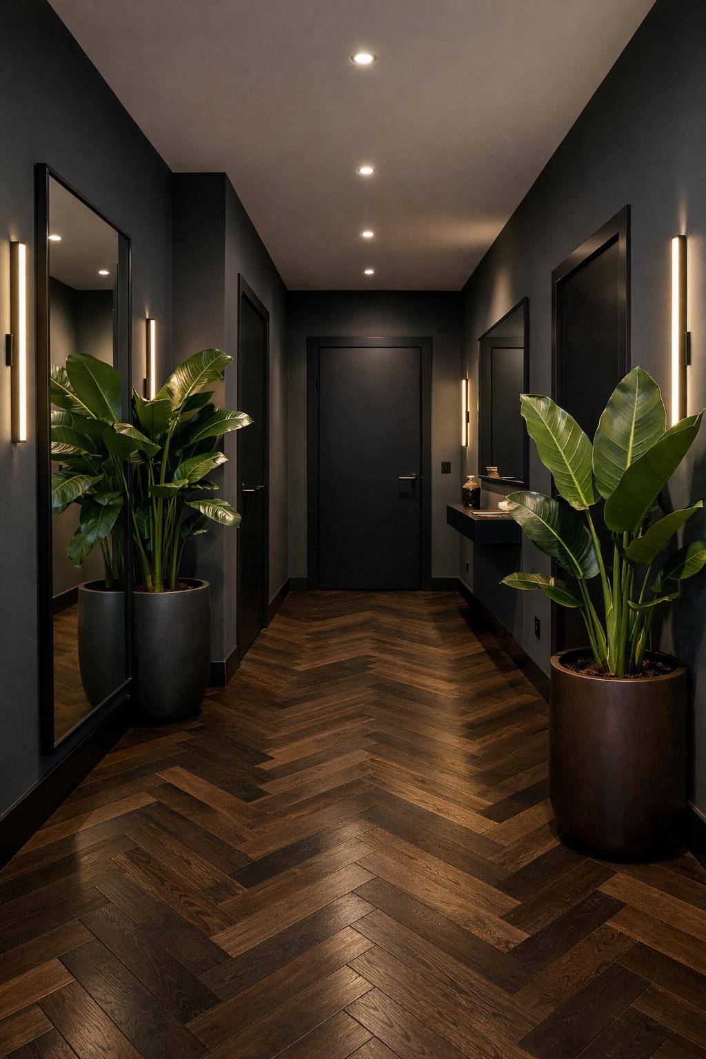 Ideen: Flur in dunklen Farben gestalten- Präsentiere Pflanzen in dunklen Übertöpfen