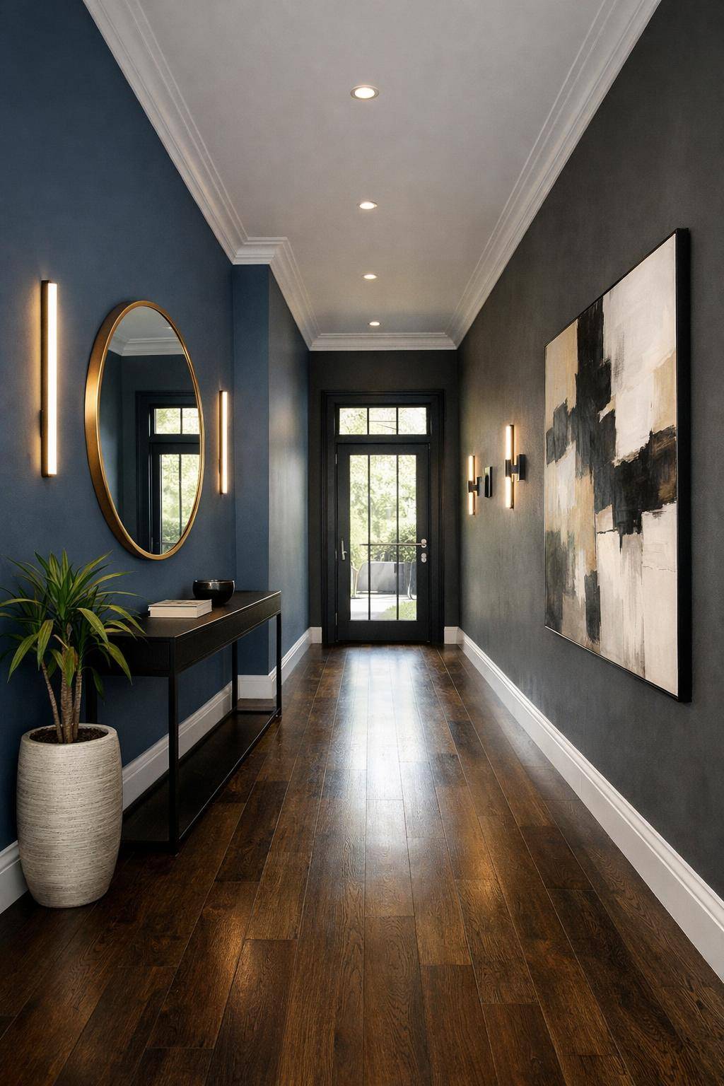 Ideen: Flur in dunklen Farben gestalten- Setze auf matte Wandfarben für Tiefenwirkung