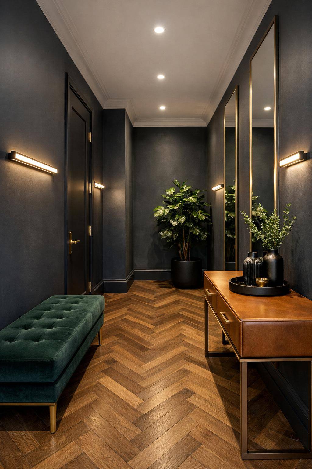 Ideen: Flur in dunklen Farben gestalten- Spiele mit Texturen wie Samt und Leder