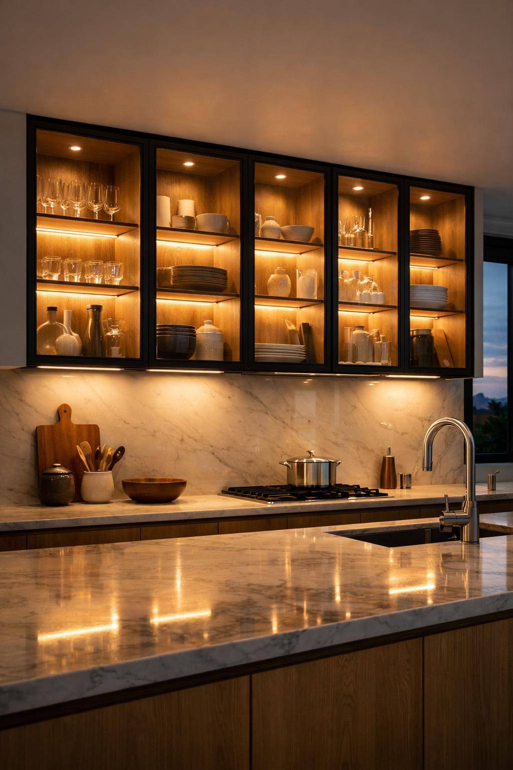 Ideen: Küche mit Glasfronten gestalten- Beleuchte Glasfronten für stimmungsvolles Ambiente