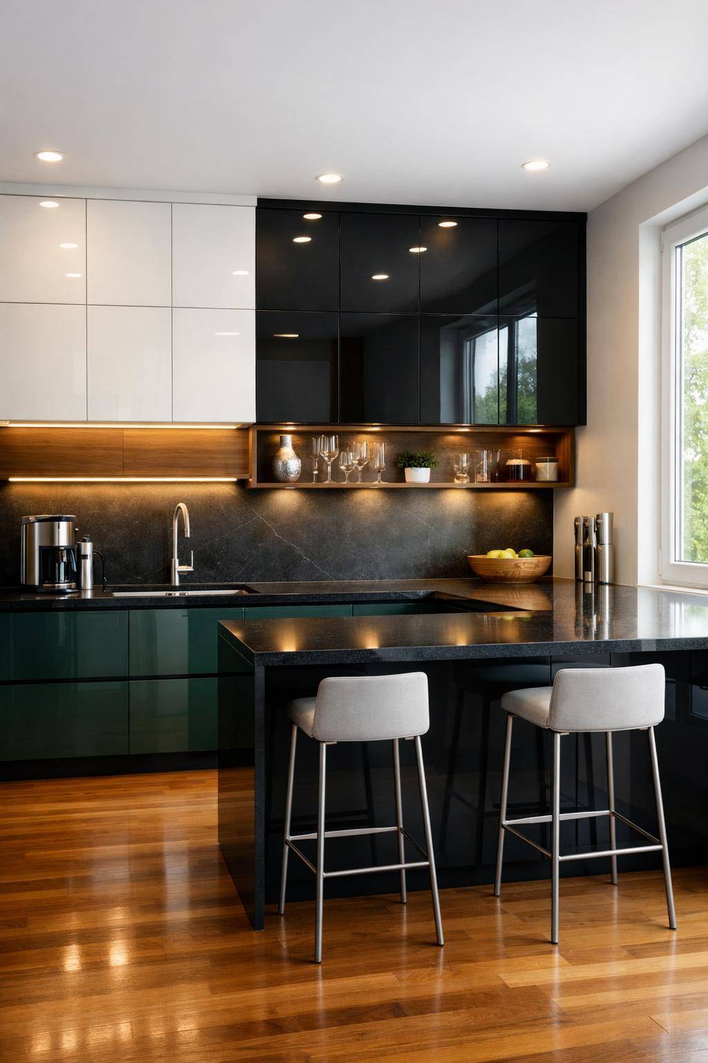 Ideen: Küche mit Glasfronten gestalten- Erzeuge Tiefe durch zweifarbige Glasfronten