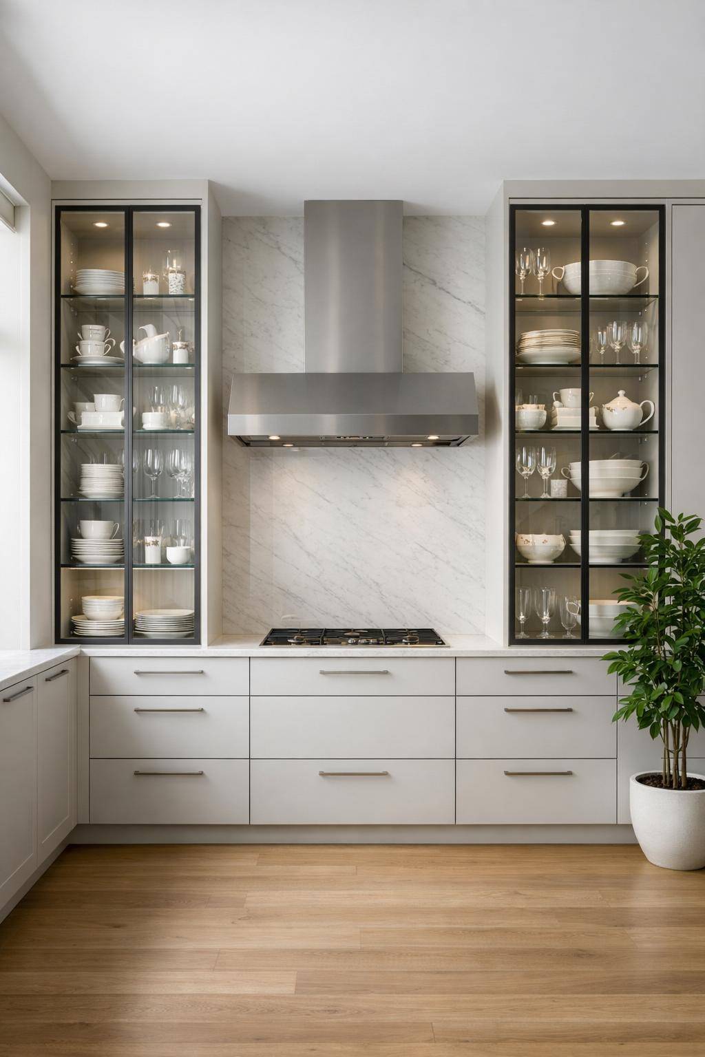 Ideen: Küche mit Glasfronten gestalten- Präsentiere schönes Geschirr offen hinter Glas