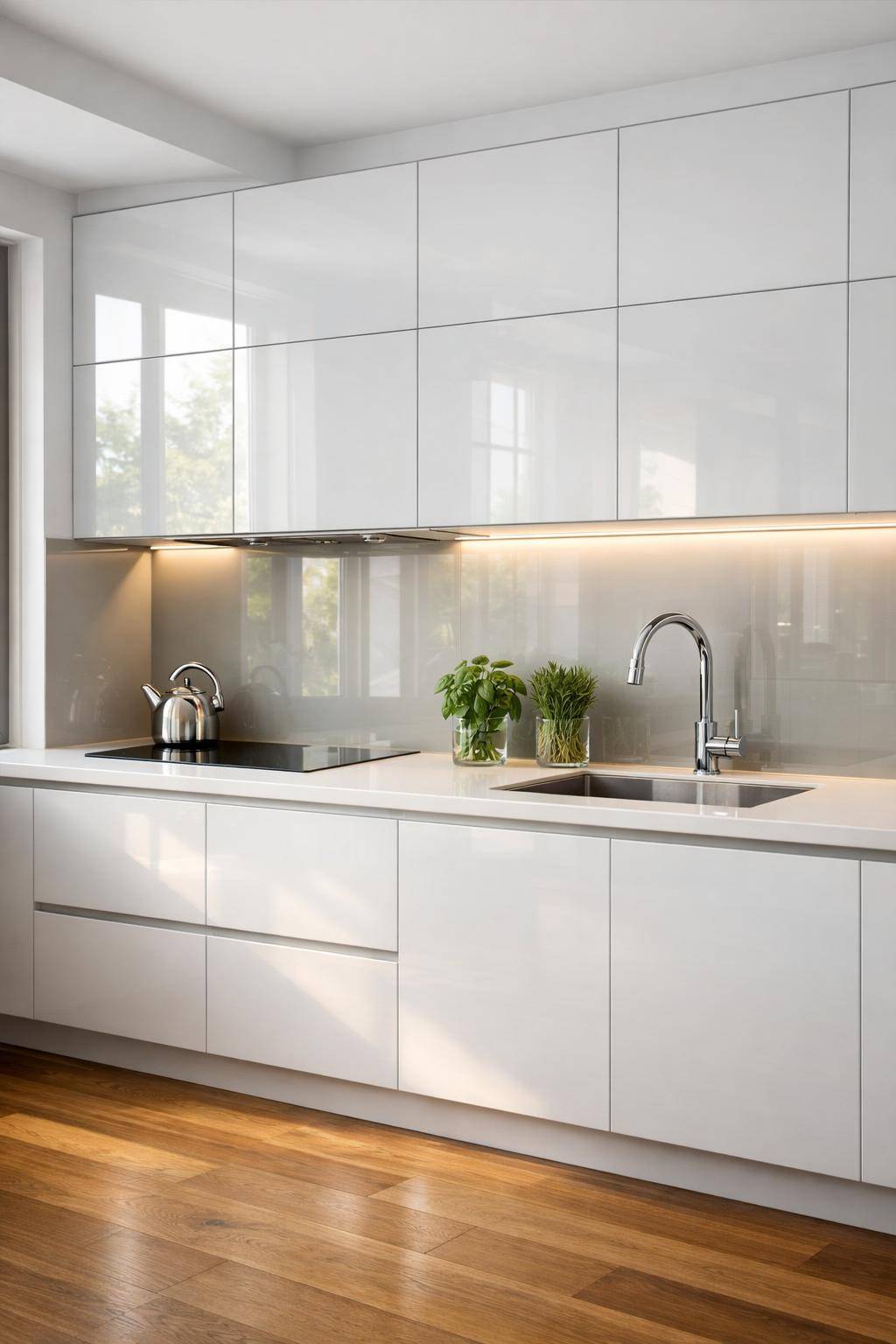 Ideen: Küche mit Glasfronten gestalten- Spiegle Licht mit glänzender Glasoberfläche