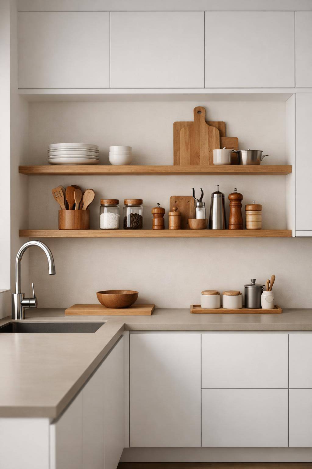 Ideen: Minimalistische Küche einrichten- Gruppiere Küchenhelfer ordentlich an einem Platz