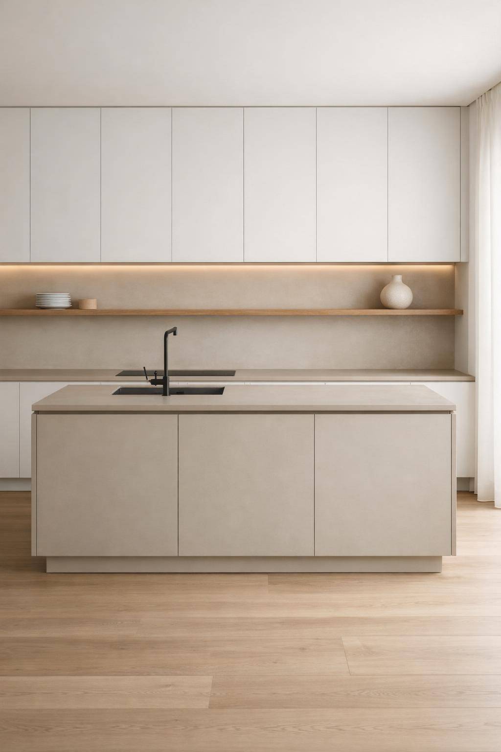 Ideen: Minimalistische Küche einrichten- Halte Arbeitsinseln bewusst zurückhaltend im Design