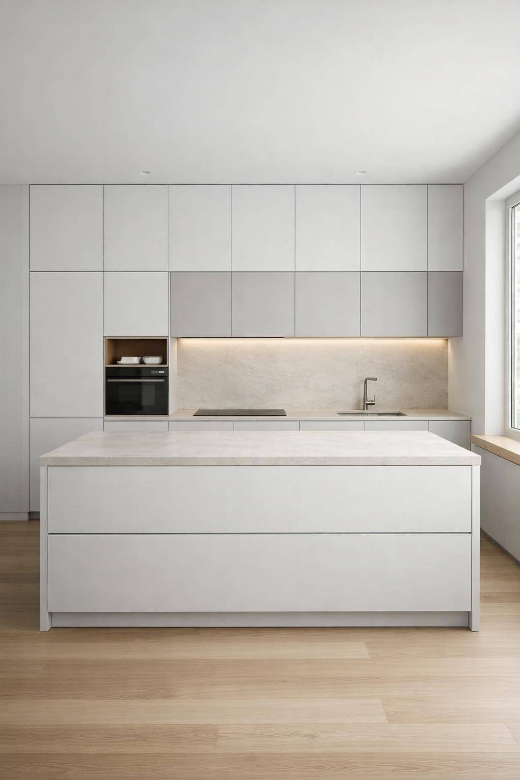 Ideen: Minimalistische Küche einrichten- Integriere versteckte Stauraumlösungen clever ein