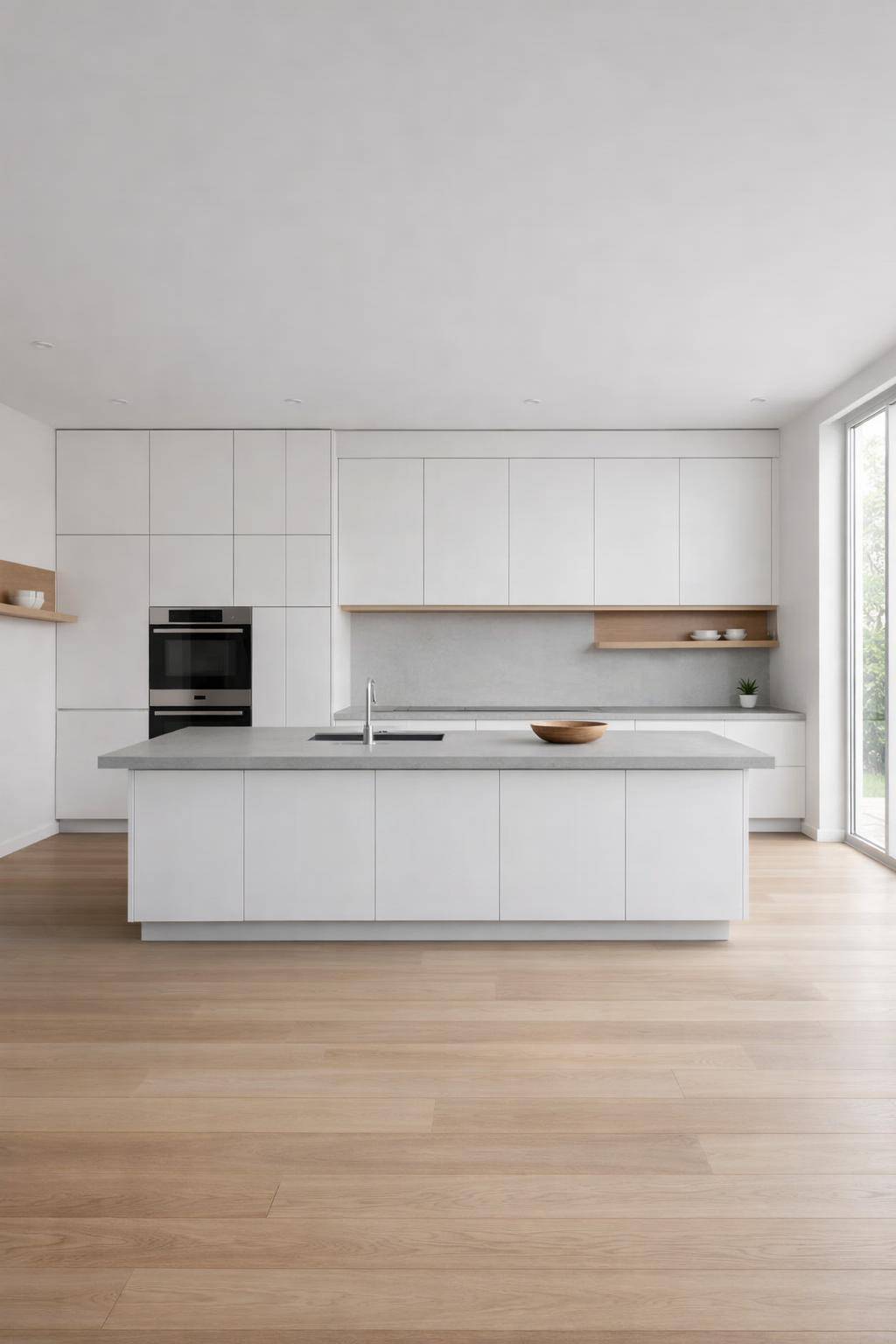 Ideen: Minimalistische Küche einrichten- Plane großzügige Freiflächen zwischen den Zonen