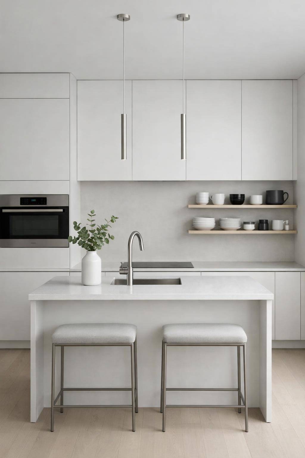 Ideen: Minimalistische Küche einrichten- Reduziere Farben auf Weiß und Grau