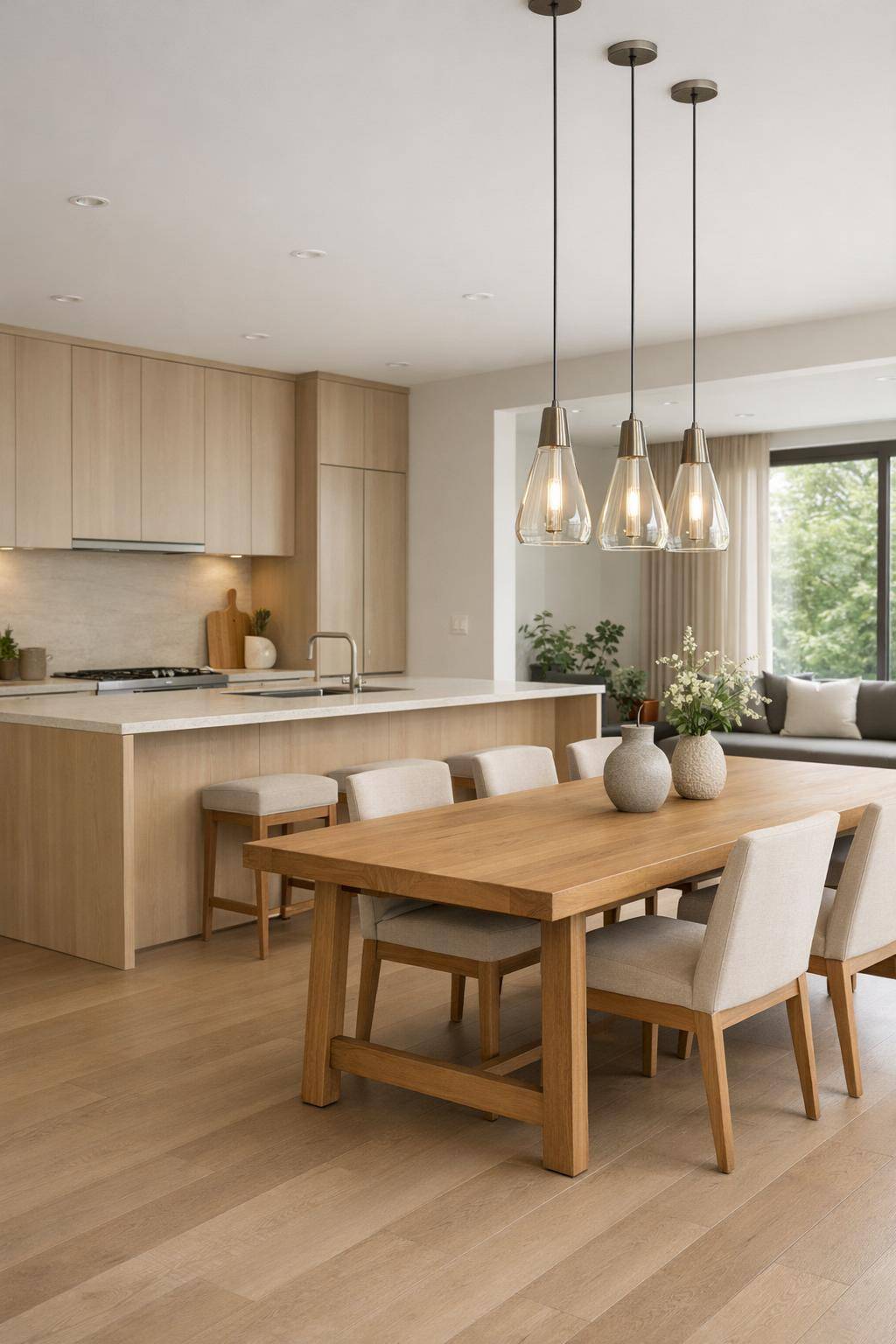 Ideen: Offene Küche einrichten- Beleuchte den Essbereich mit Pendelleuchten