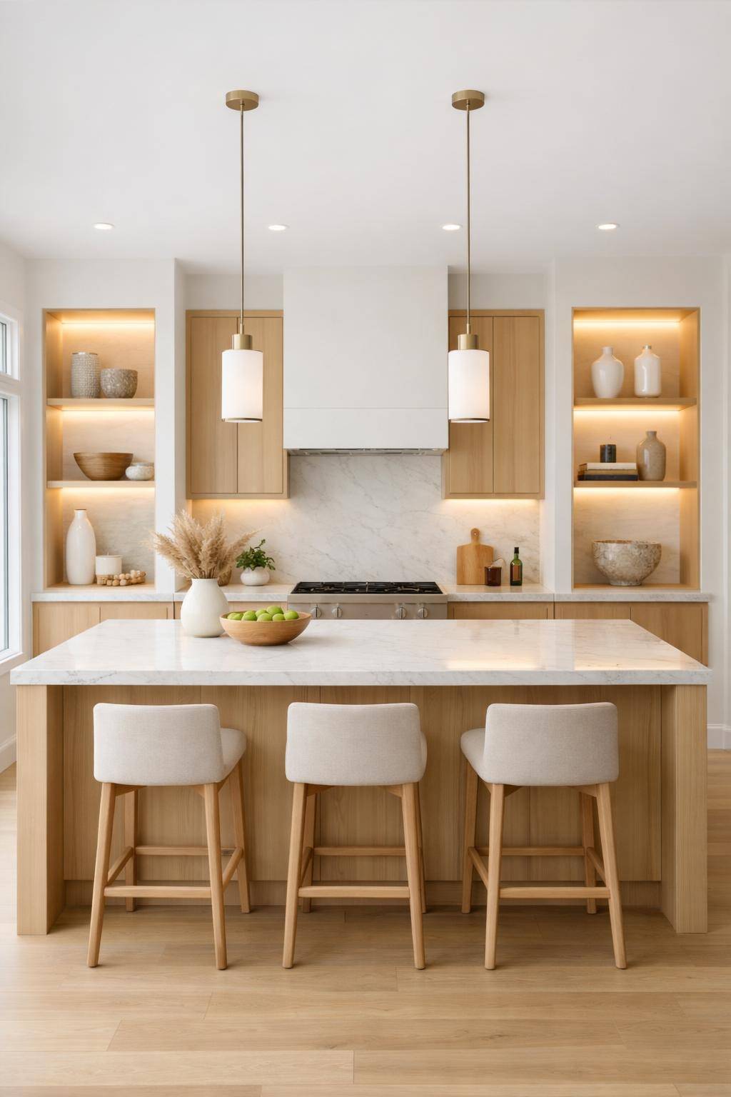 Ideen: Offene Küche einrichten- Installiere beleuchtete Nischen als Hingucker