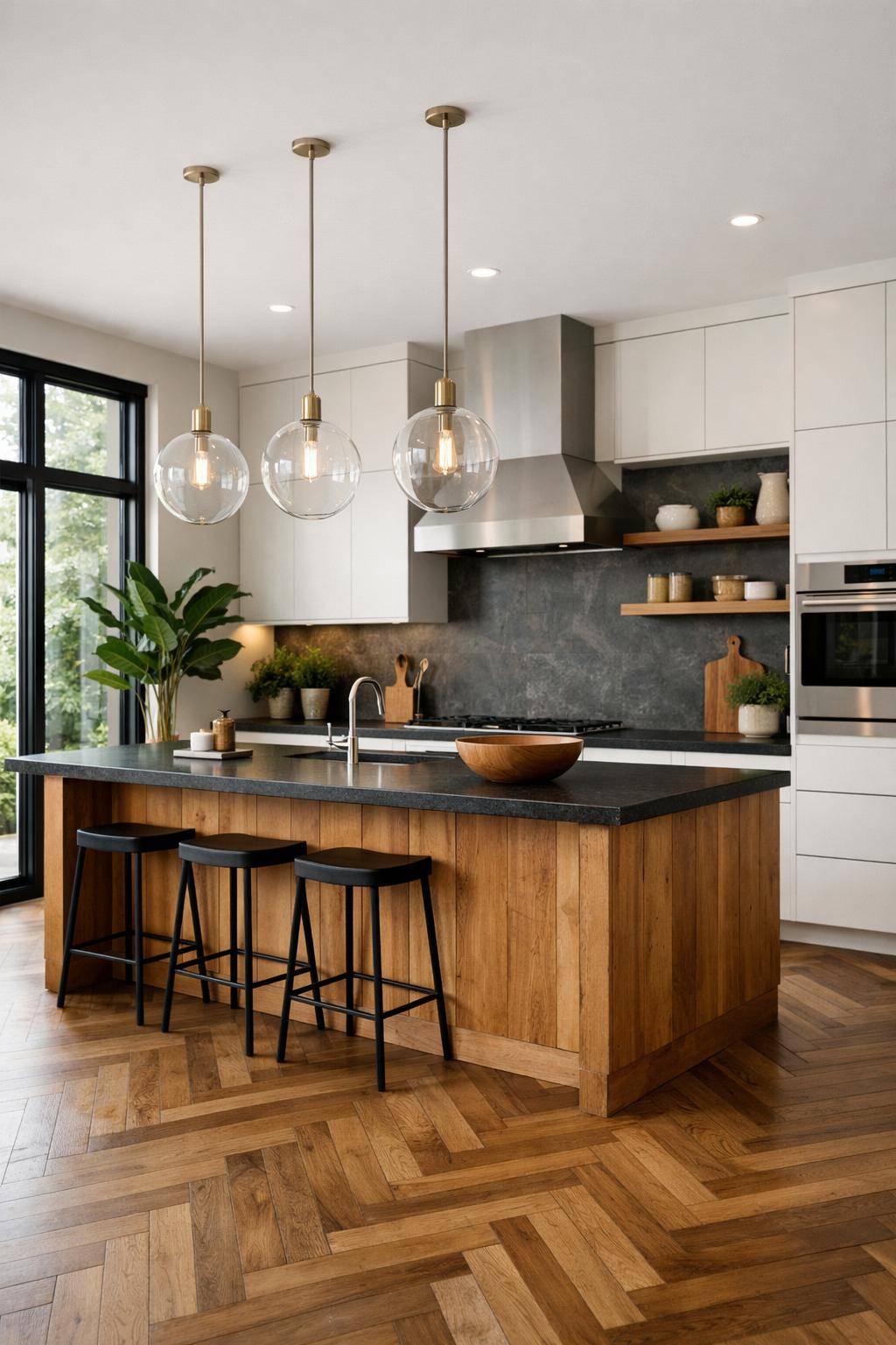 Ideen: Offene Küche einrichten- Kombiniere verschiedene Materialien für Spannung