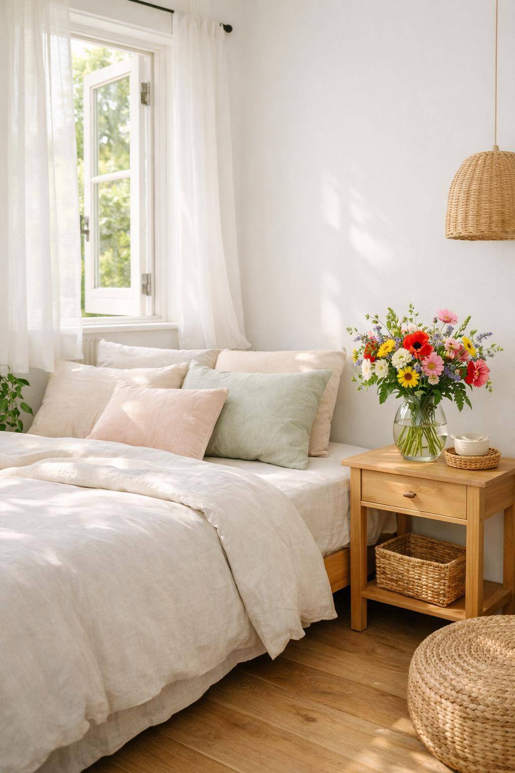 Ideen: Sommerdeko fürs Schlafzimmer- Arrangiere frische Sommerblumen auf dem Nachttisch
