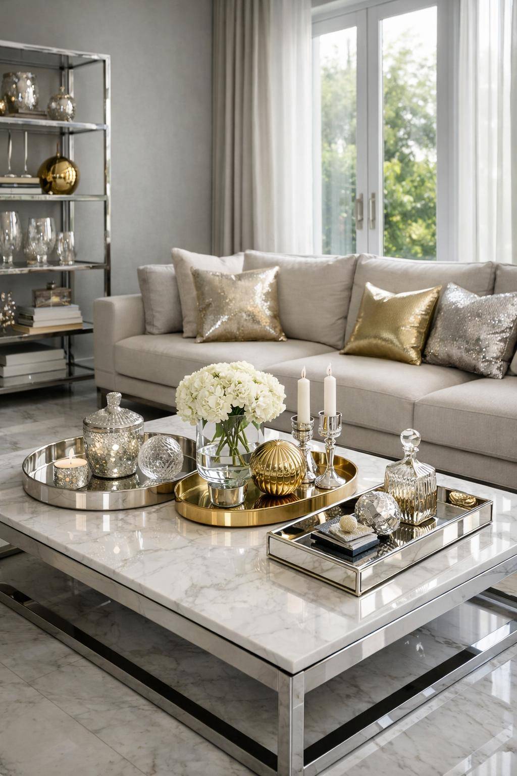 Ideen: Wohnzimmer in Metallic-Tönen- Arrangiere Metalltabletts für stilvolle Ordnung