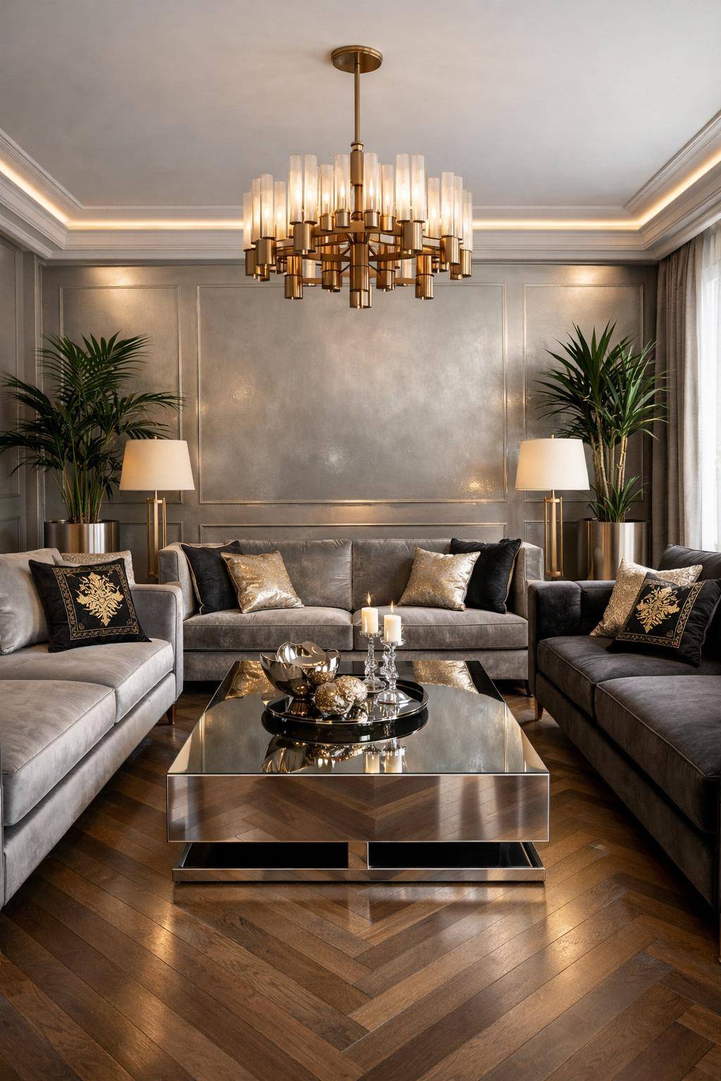 Ideen: Wohnzimmer in Metallic-Tönen- Ergänze Samtsofas mit goldbestickten Kissen