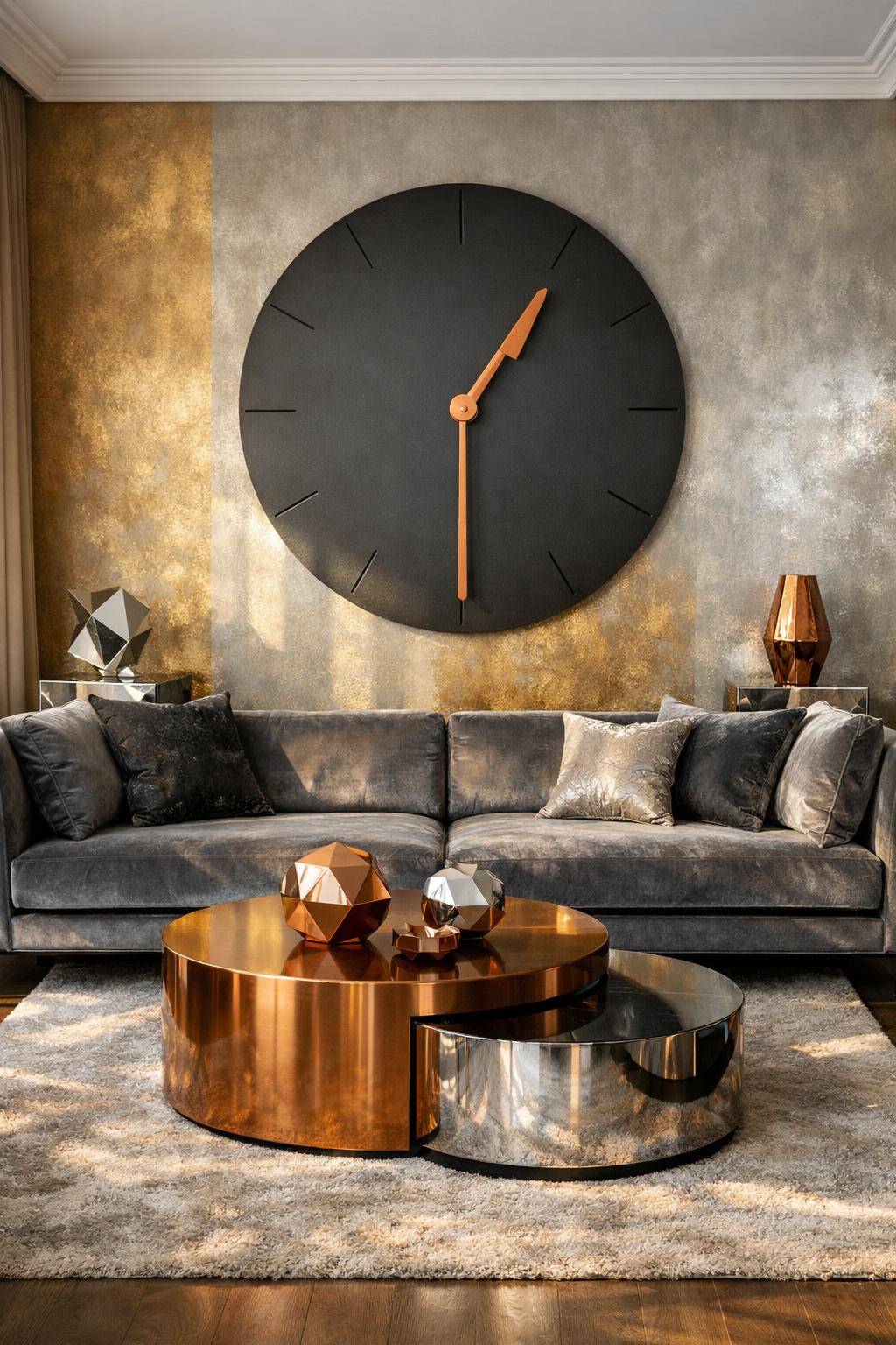 Ideen: Wohnzimmer in Metallic-Tönen- Ergänze Wanduhren mit kupferfarbenen Zeigern stilvoll