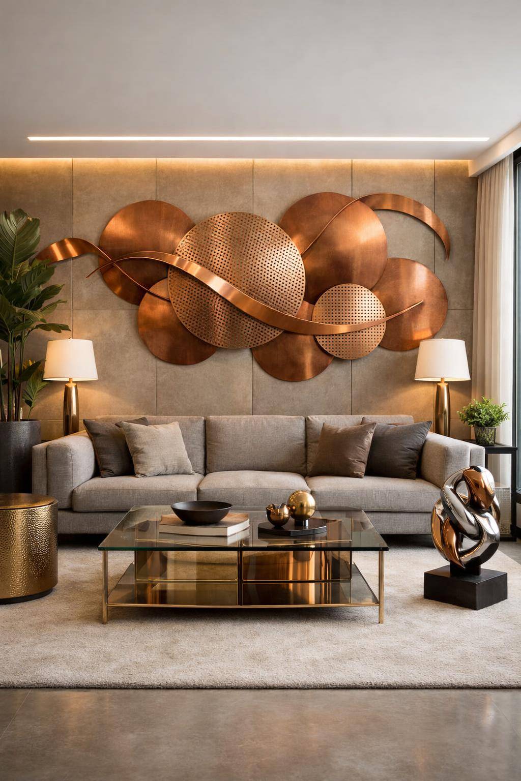 Ideen: Wohnzimmer in Metallic-Tönen- Experimentiere mit kupferfarbenen Wanddekoren kreativ