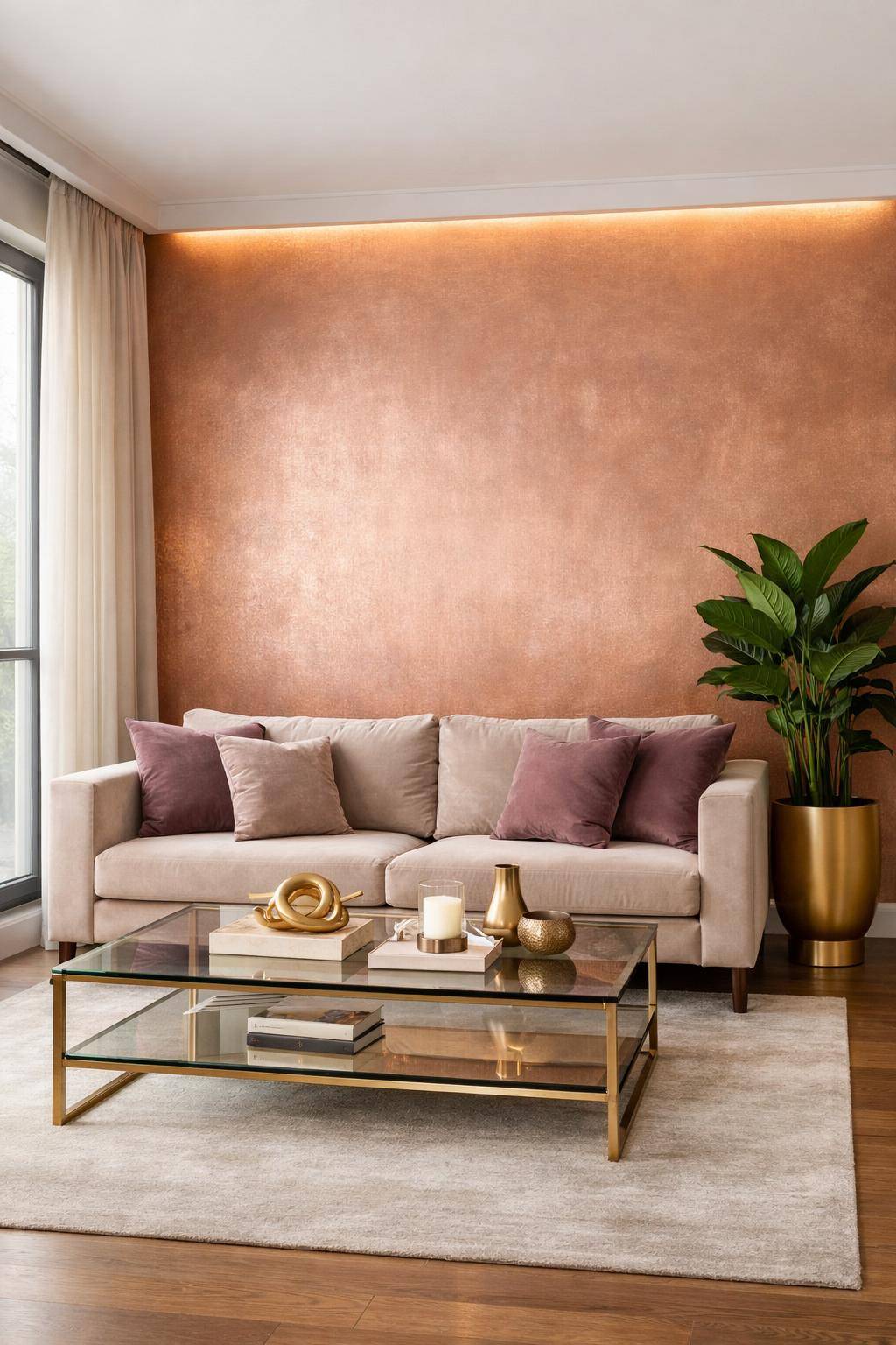 Ideen: Wohnzimmer in Metallic-Tönen- Gestalte eine Wand in zartem Roségold-Ton