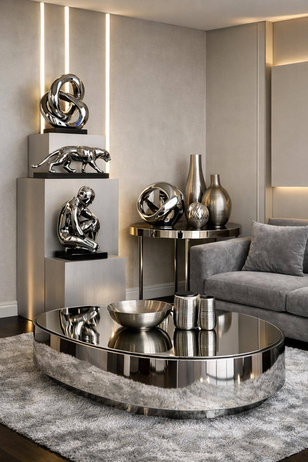 Ideen: Wohnzimmer in Metallic-Tönen- Hebe eine Ecke mit Chromskulpturen hervor