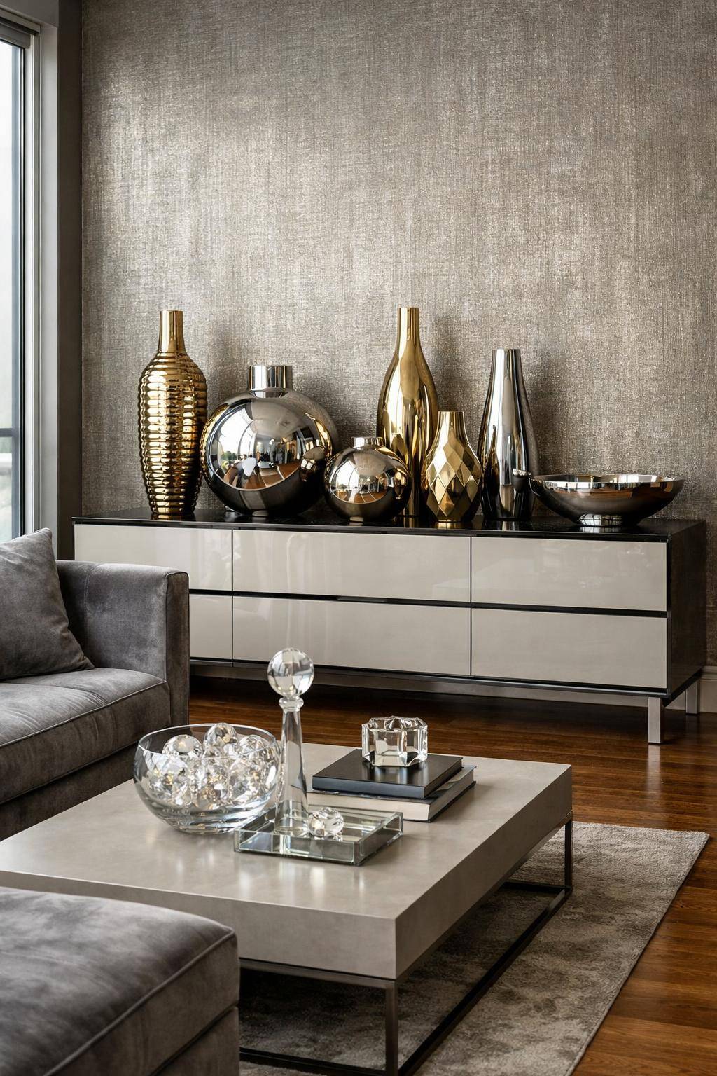 Ideen: Wohnzimmer in Metallic-Tönen- Inszeniere glänzende Vasen auf Sideboards effektvoll