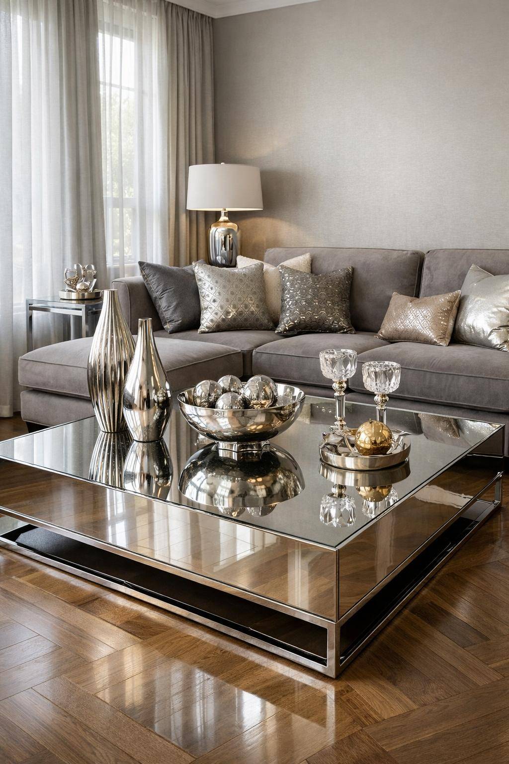 Ideen: Wohnzimmer in Metallic-Tönen- Integriere spiegelnde Tische für mehr Weite