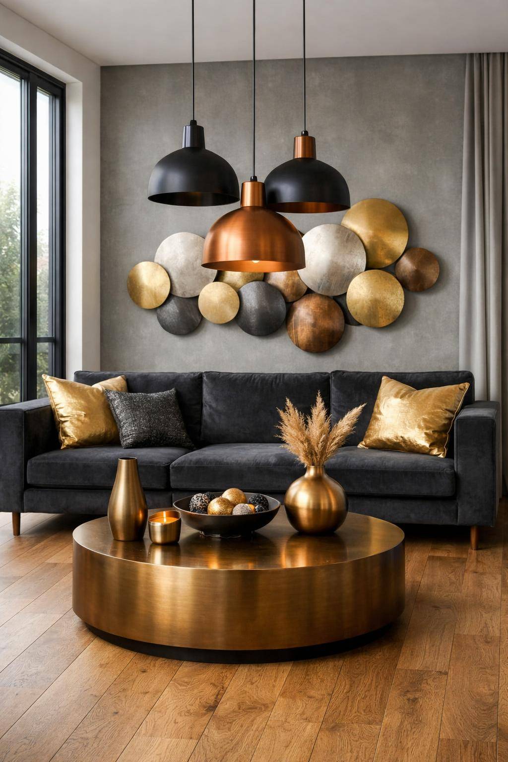 Ideen: Wohnzimmer in Metallic-Tönen- Kombiniere Industrial-Lampen mit Bronze-Elementen gezielt