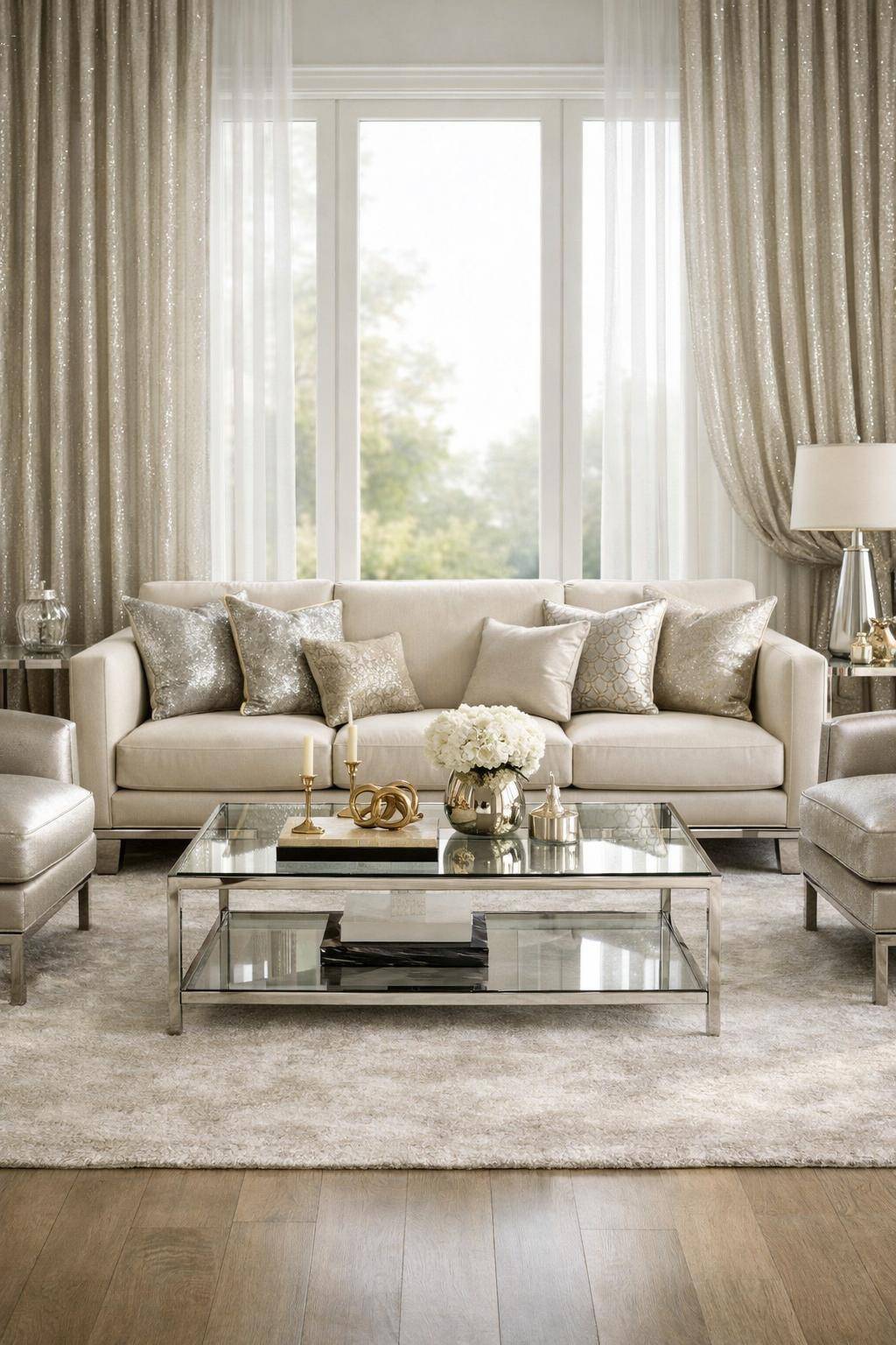 Ideen: Wohnzimmer in Metallic-Tönen- Lasse Vorhänge mit silbernen Fäden funkeln