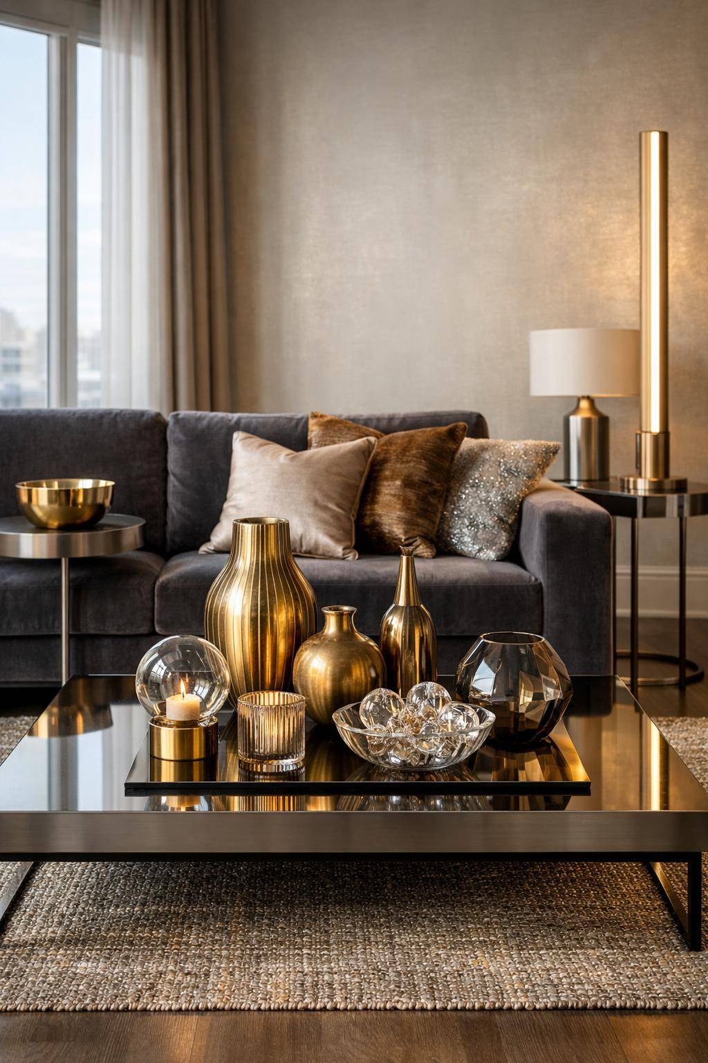 Ideen: Wohnzimmer in Metallic-Tönen- Mische Messingvasen mit Glasaccessoires stilvoll