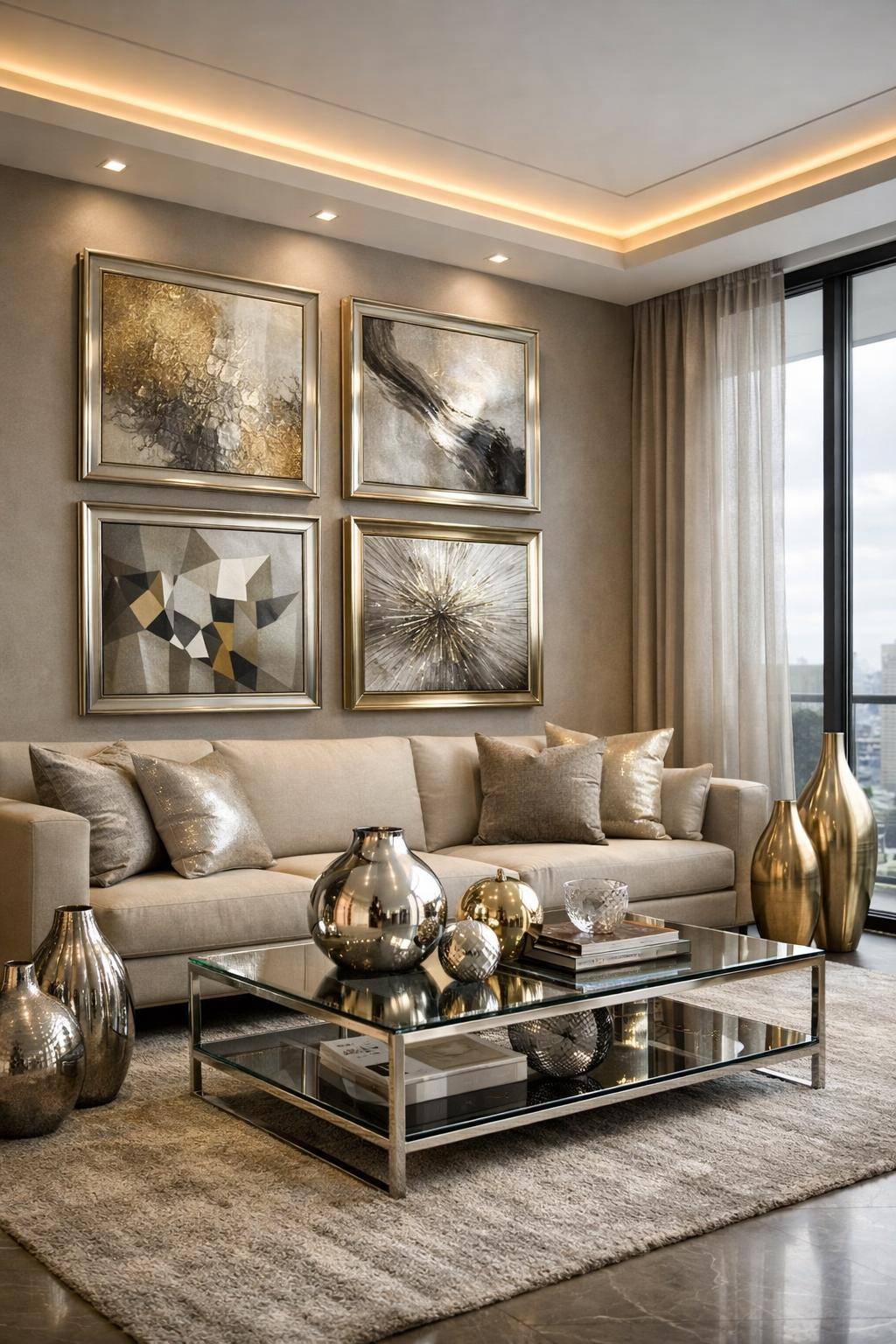 Ideen: Wohnzimmer in Metallic-Tönen- Präsentiere Kunstwerke in metallisierten Rahmen elegant