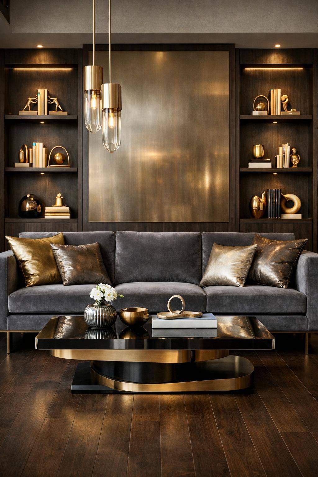 Ideen: Wohnzimmer in Metallic-Tönen- Setze goldene Bücherstützen als Eye-Catcher ein