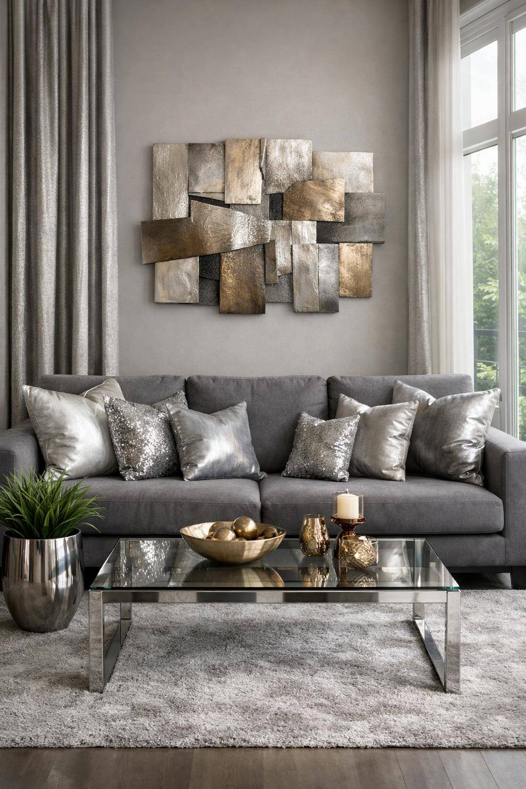 Ideen: Wohnzimmer in Metallic-Tönen- Wähle silberne Kissen für modernen Chic