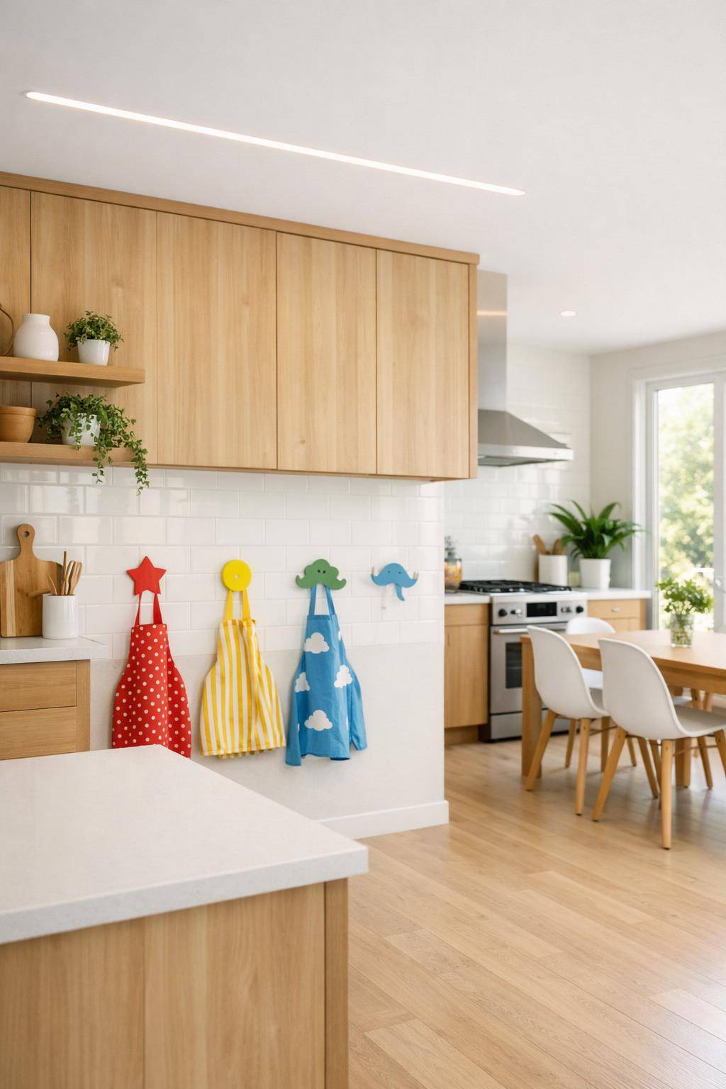 Ideen: familienfreundliche Küche einrichten- Hänge kindgerechte Haken für Schürzen auf