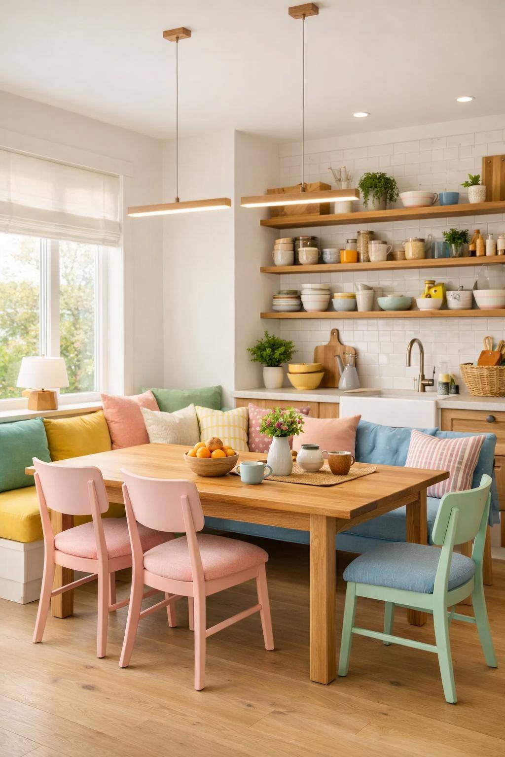 Ideen: familienfreundliche Küche einrichten- Überlege dir bunte Sitzgelegenheiten zum Wohlfühlen