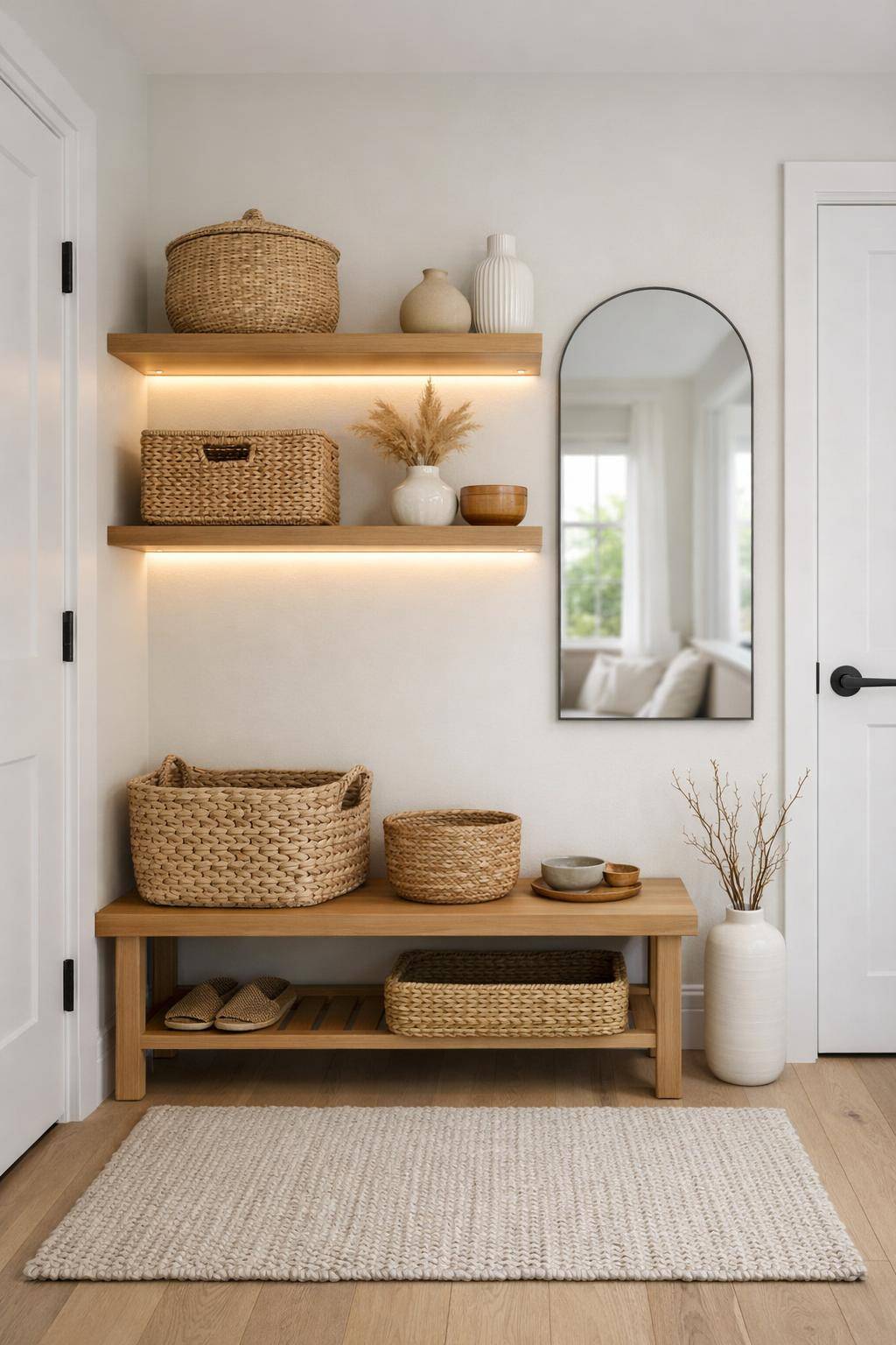 Ideen: kleinen Flur gestalten- Baue offene Regale für dekorative Ordnung