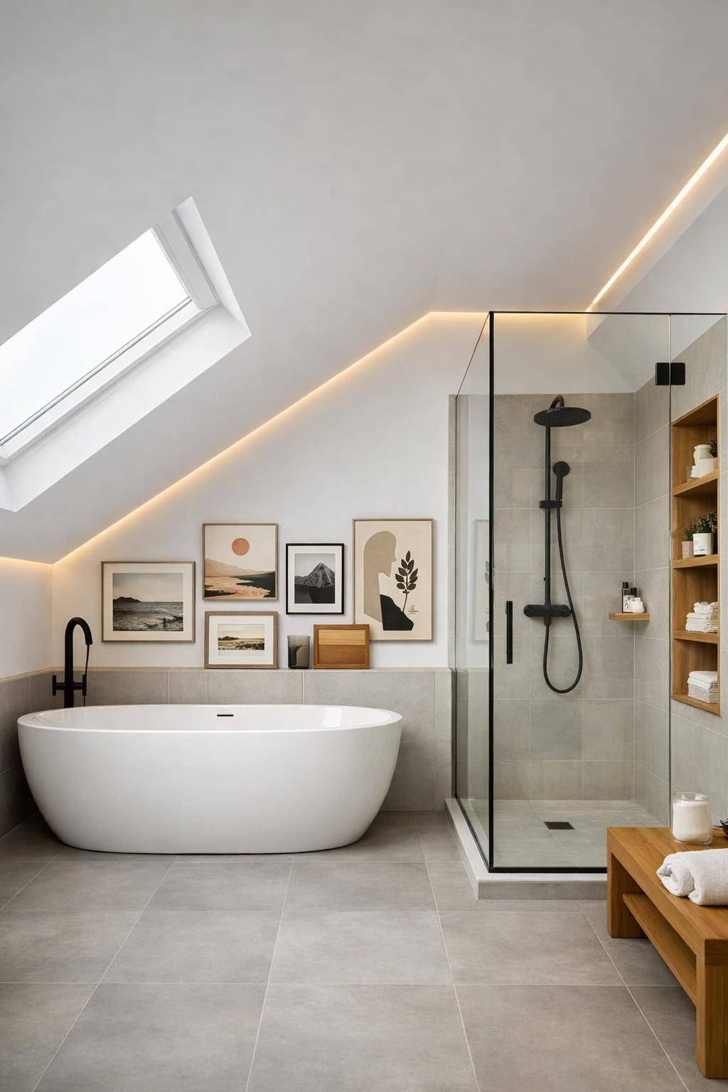 Ideen für Badezimmer mit Dachschrägen- Arrangiere Kunst an niedrigen Wänden stilvoll