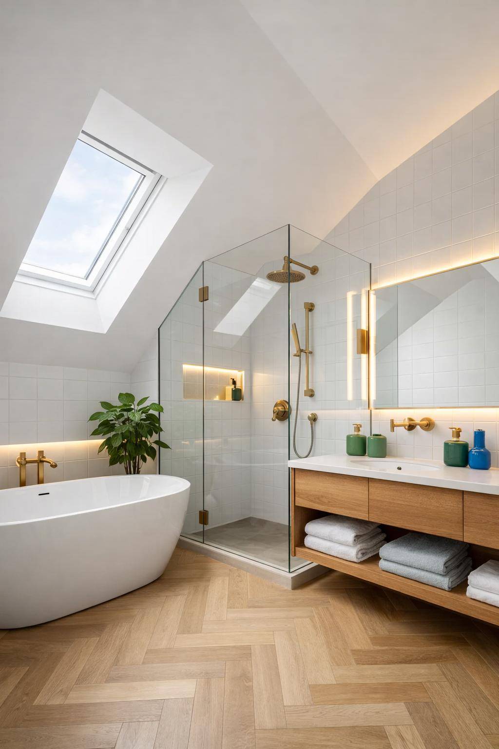 Ideen für Badezimmer mit Dachschrägen- Dekoriere mit farbigen Accessoires für Pep