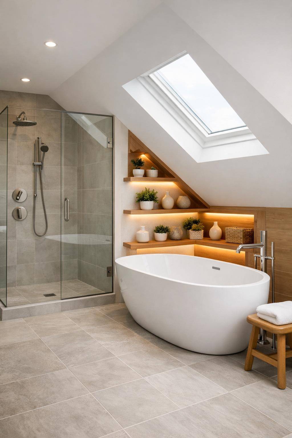 Ideen für Badezimmer mit Dachschrägen- Ergänze Stufenregale für dekorativen Stauraum