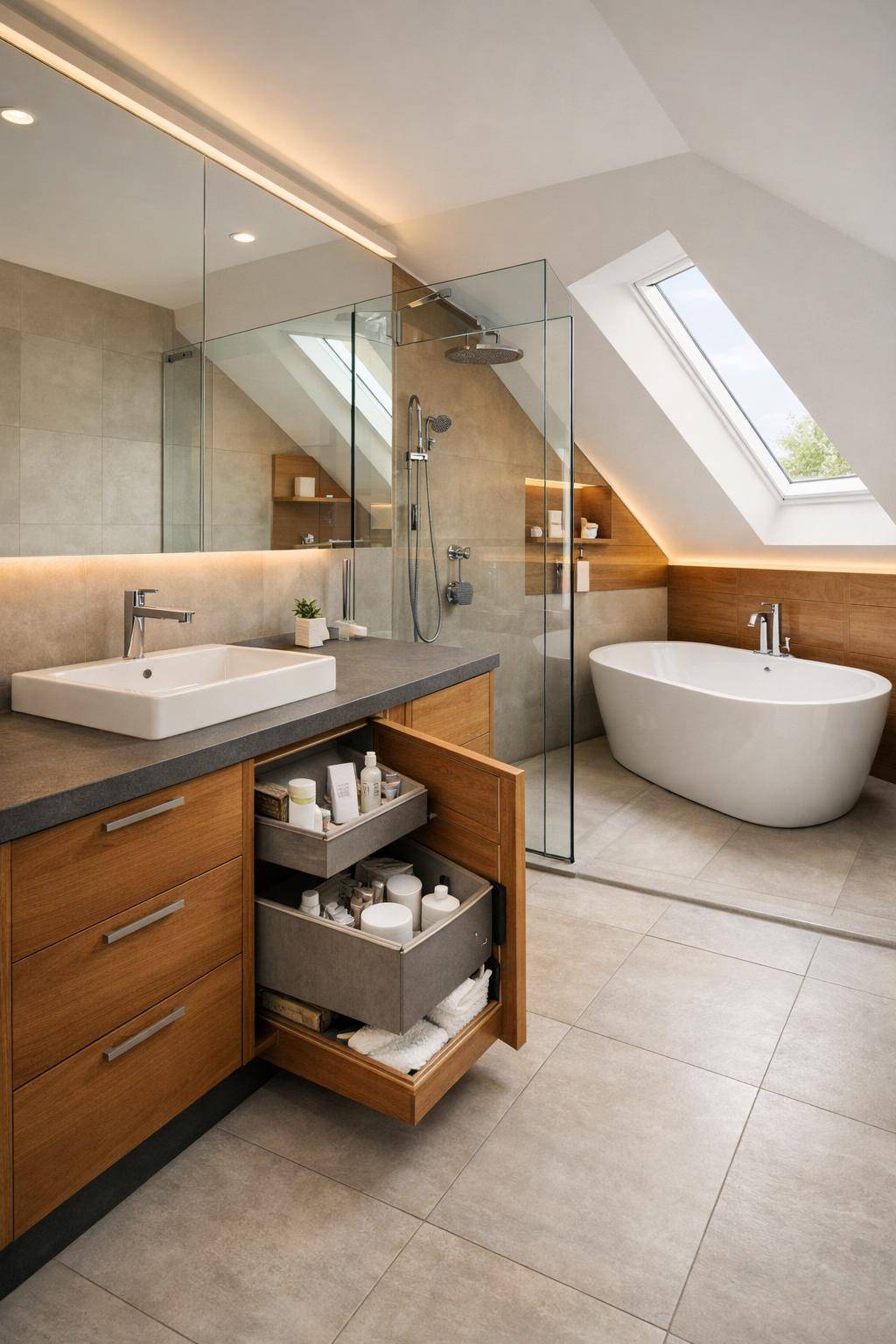 Ideen für Badezimmer mit Dachschrägen- Plane ausziehbare Schubladen für verborgene Ecken