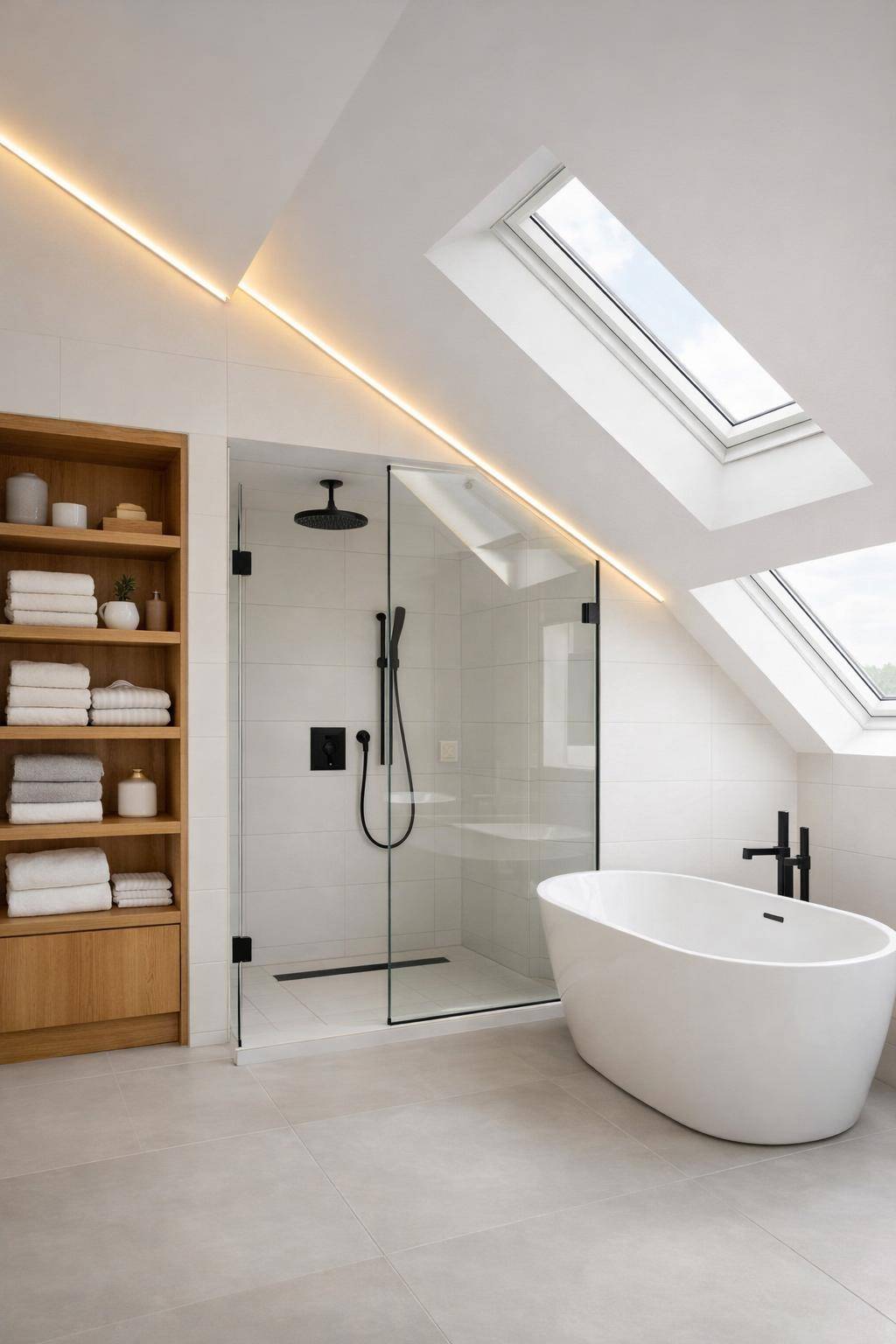 Ideen für Badezimmer mit Dachschrägen- Probiere offene Regale als Hingucker aus