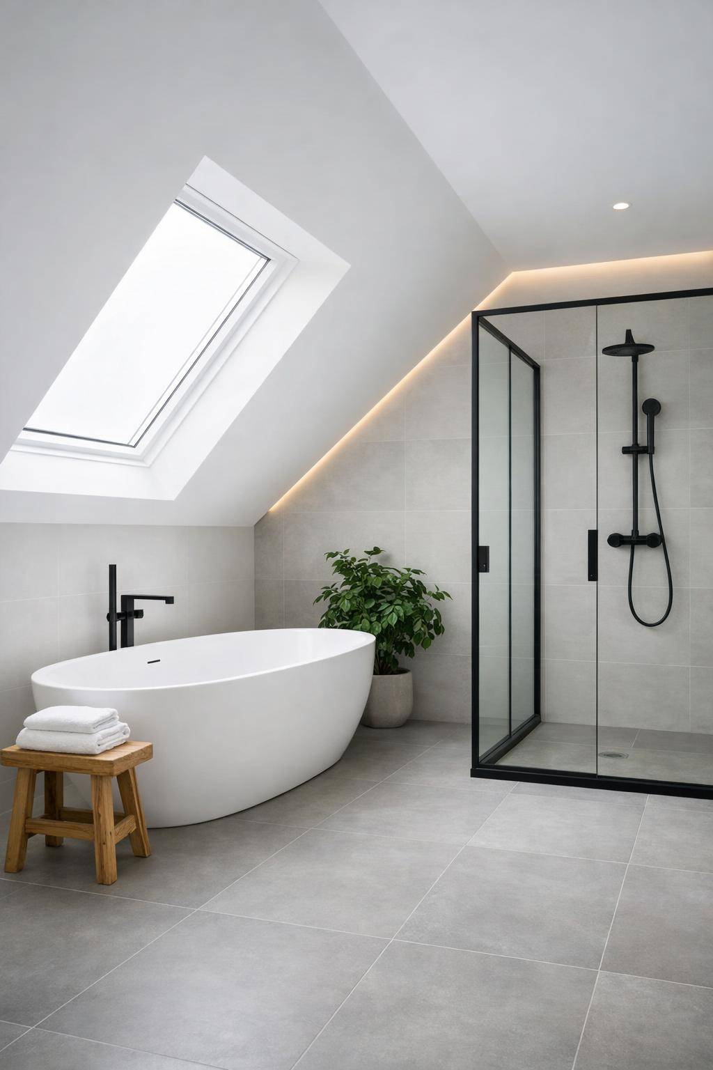 Ideen für Badezimmer mit Dachschrägen- Stelle einen kleinen Hocker zum Ablegen bereit