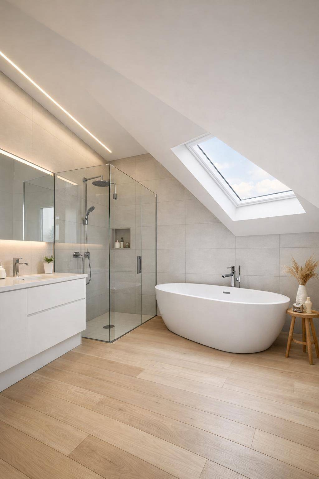 Ideen für Badezimmer mit Dachschrägen- Vermeide große Möbel für mehr Bewegungsfreiheit
