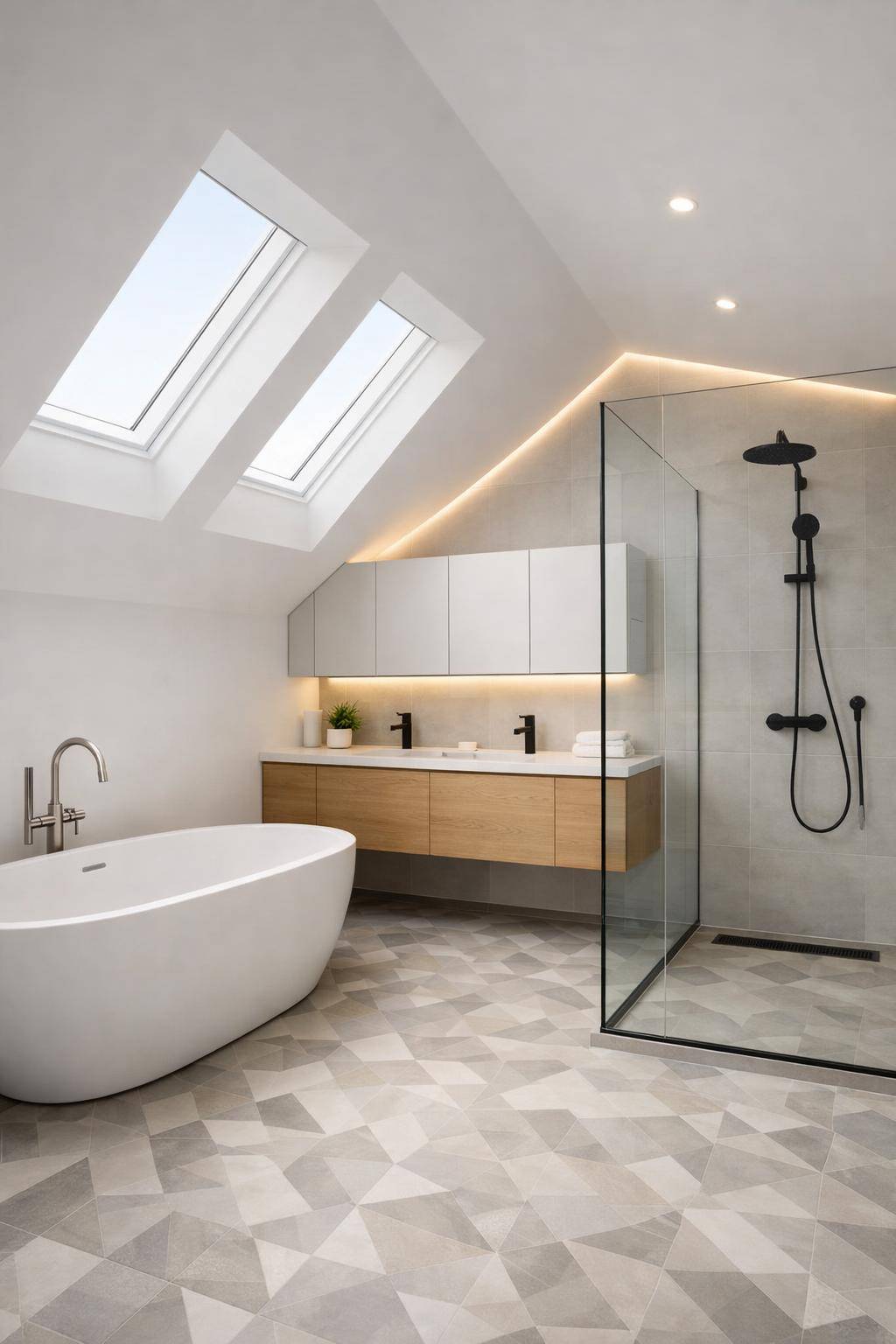 Ideen für Badezimmer mit Dachschrägen- Wähle Hängeschränke zur optimalen Flächennutzung