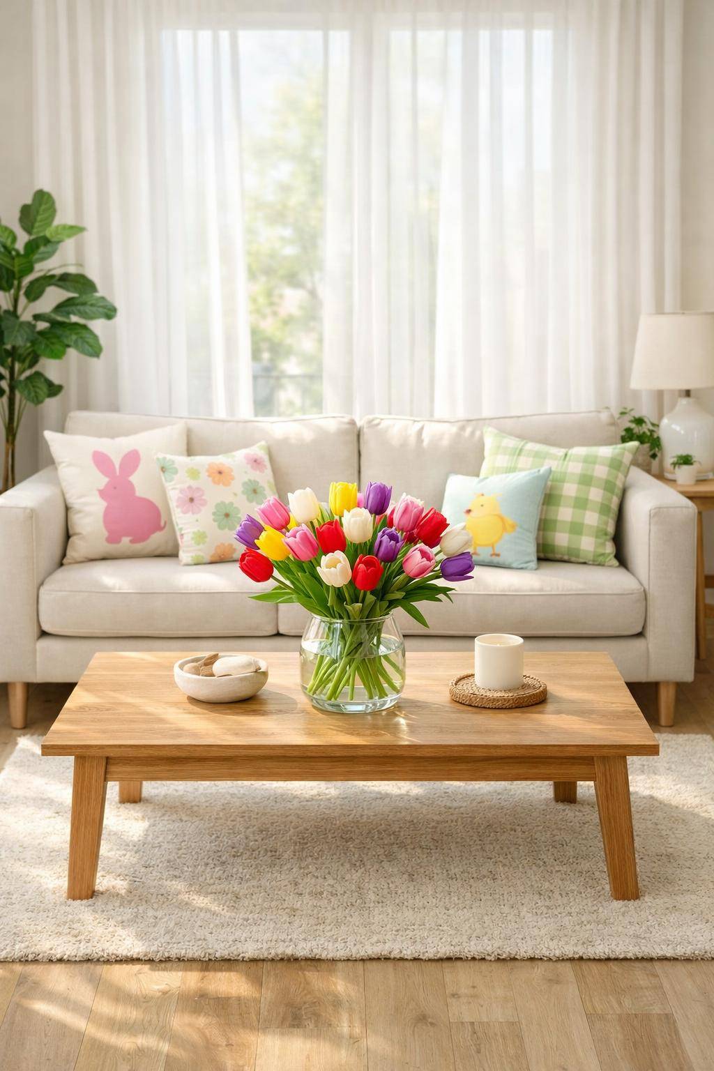 Ideen für Frühlingsdeko im Wohnzimmer- Arrangiere bunte Tulpen auf dem Couchtisch