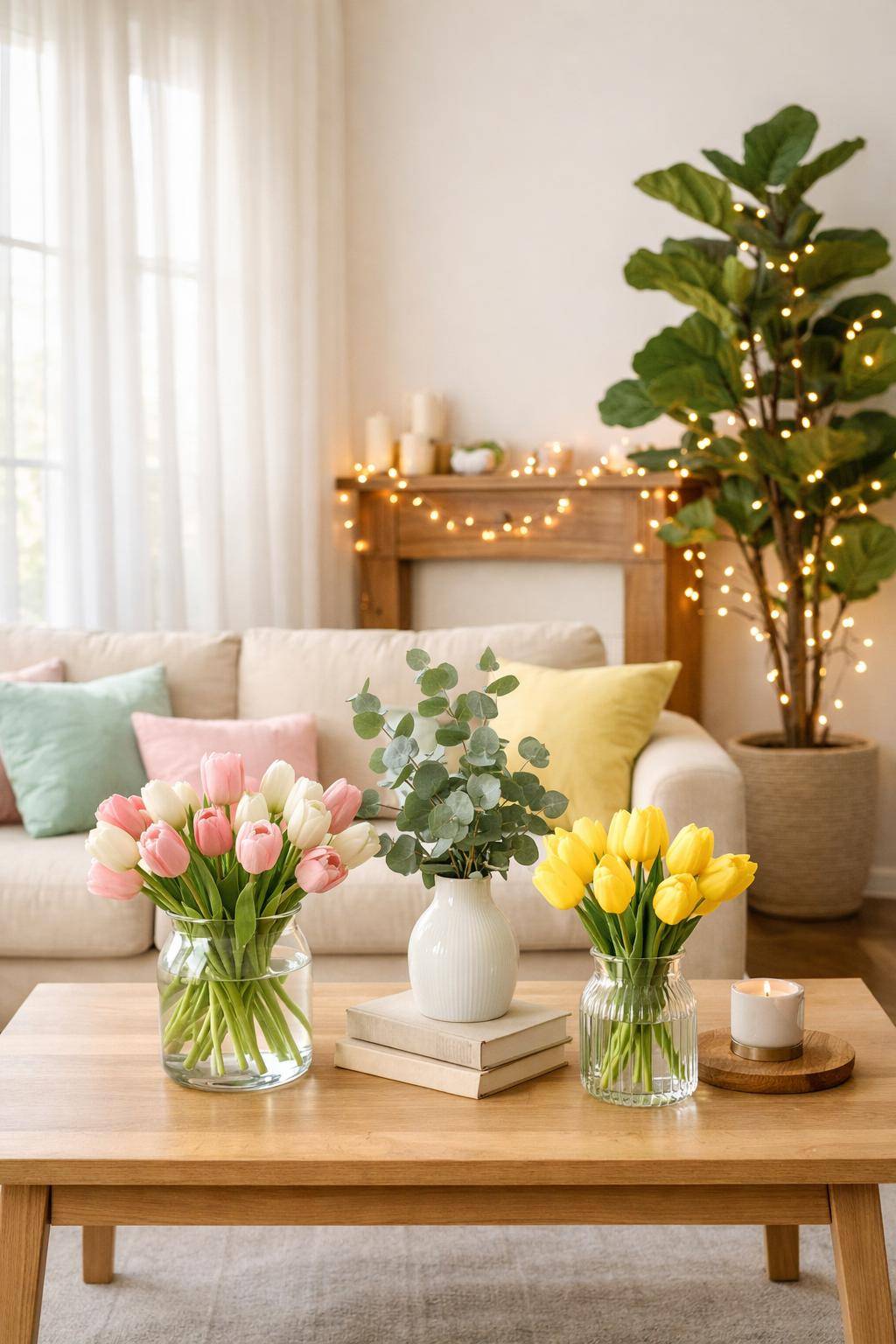 Ideen für Frühlingsdeko im Wohnzimmer- Drapiere Lichterkettchen für sanftes Ambiente