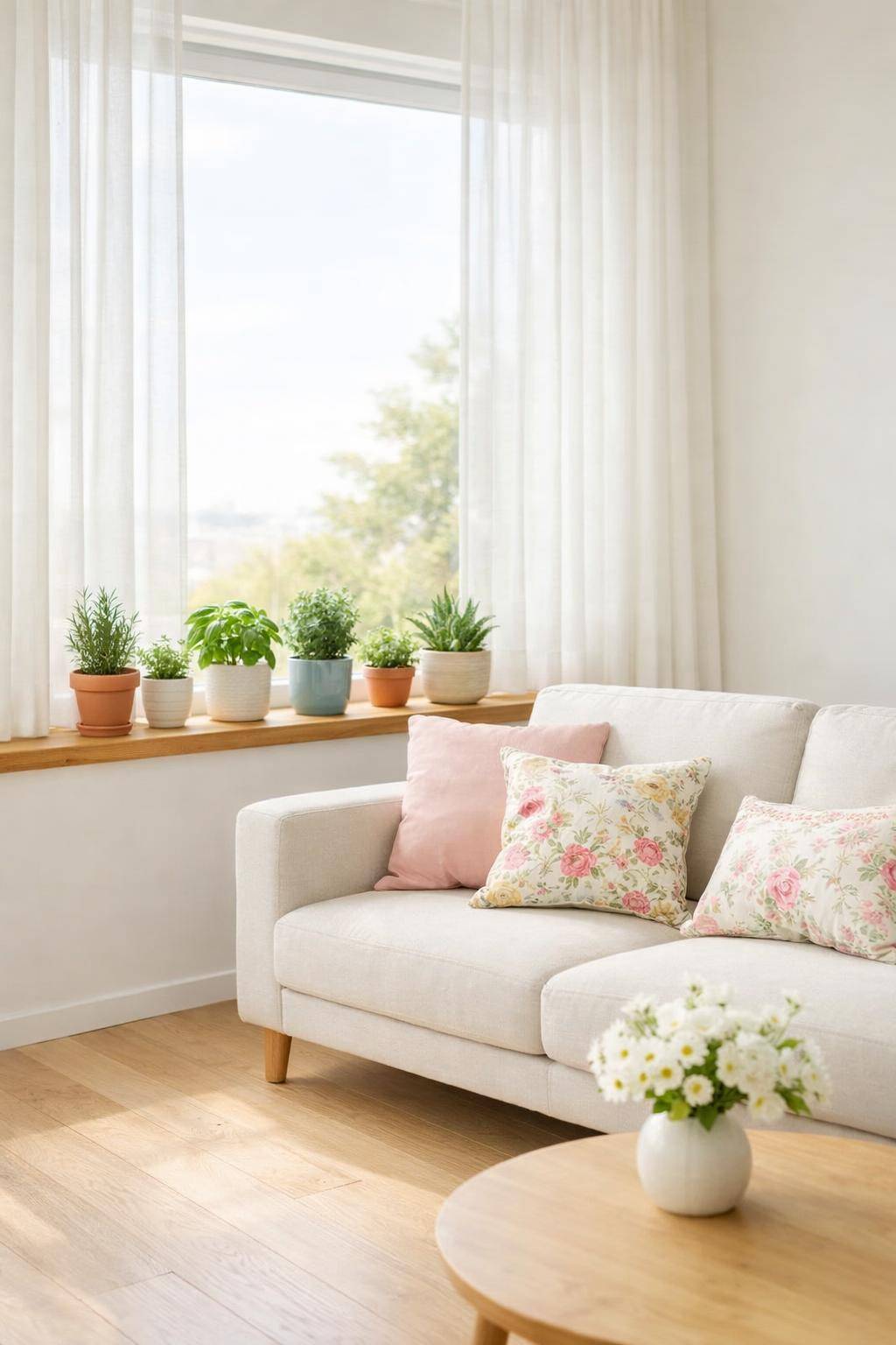 Ideen für Frühlingsdeko im Wohnzimmer- Integriere kleine Kräutertöpfe ans Fensterbrett