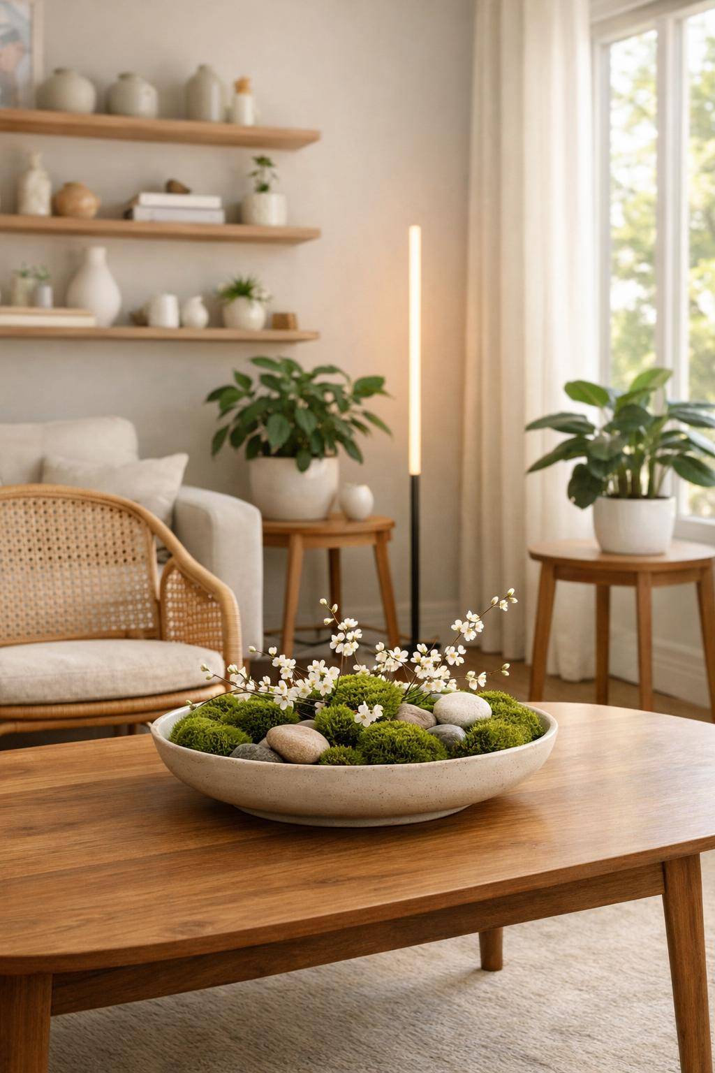 Ideen für Frühlingsdeko im Wohnzimmer- Lege eine Schale mit Naturmaterialien wie Moos aus