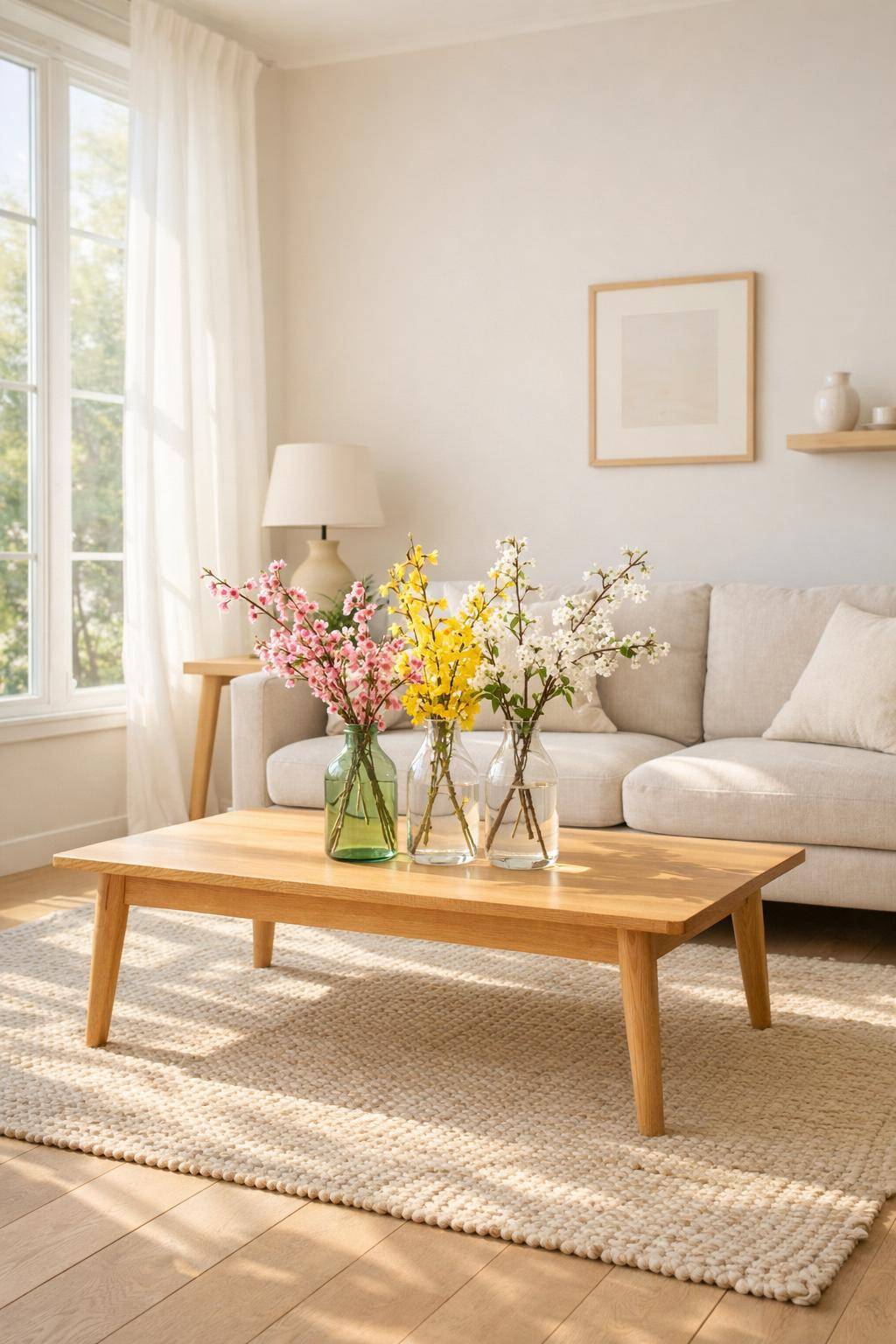 Ideen für Frühlingsdeko im Wohnzimmer- Platziere bunte Frühlingszweige in Glasflaschen
