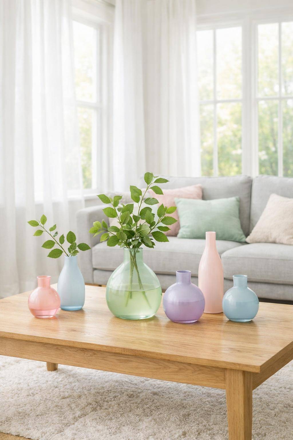 Ideen für Frühlingsdeko im Wohnzimmer- Stelle Glasvasen in verschiedenen Pastelltönen auf