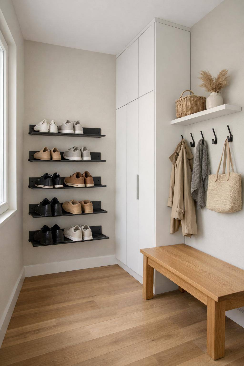 Ideen für Garderobe im Flur-Nutze schmale Schuhregale für mehr Platz