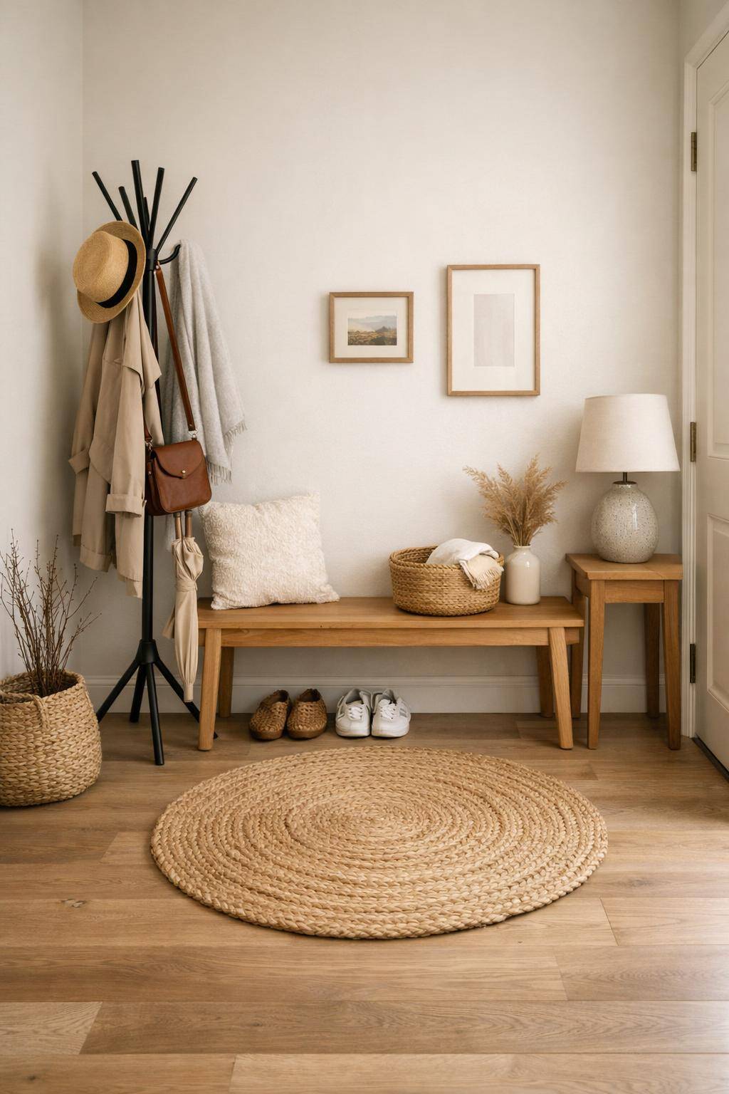 Ideen für Garderobe im Flur- Ergänze einen kleinen Teppich für Gemütlichkeit