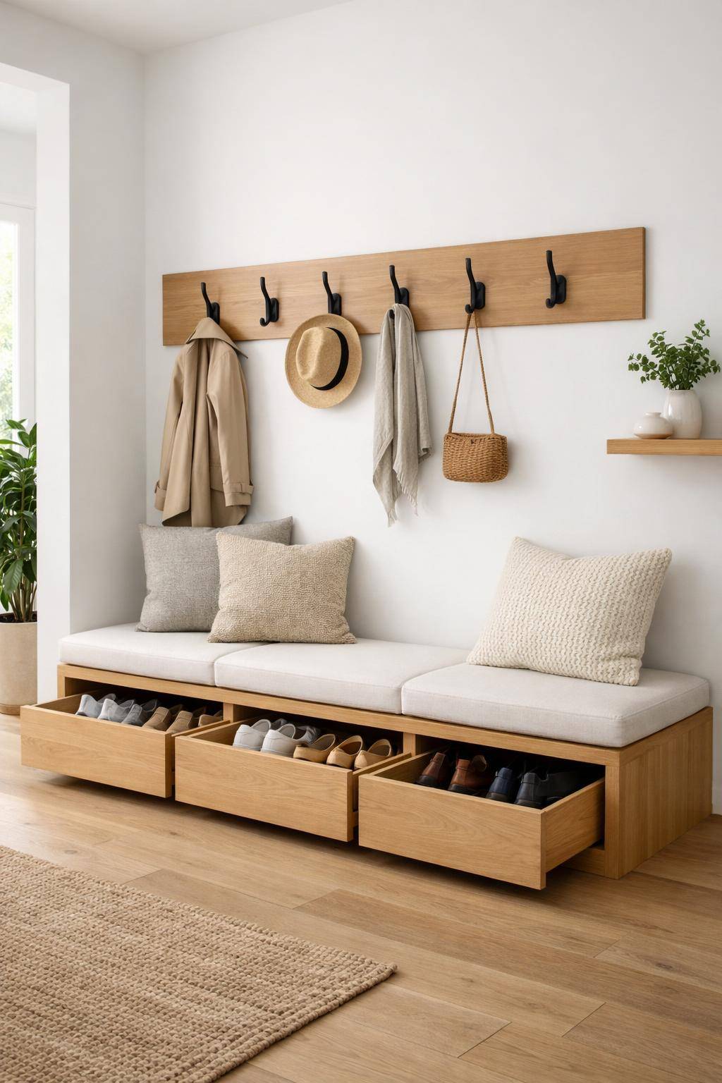 Ideen für Garderobe im Flur- Integriere Sitzbänke mit Stauraum für Schuhe